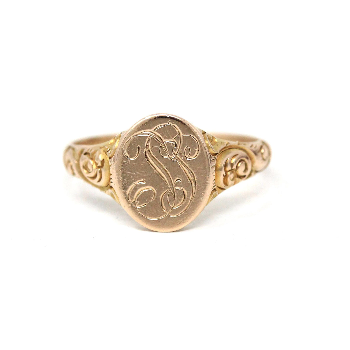 Antique Signet Ring - Edwardian 10k Rose Gold Engraved 