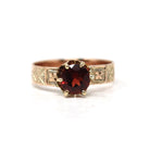 Victorian Garnet Ring - Antique 10k Rosy Yellow Gold Solitaire Gemstone - Circa 1890s Era Size 5.5 January Birthstone Engraved Fine Jewelry