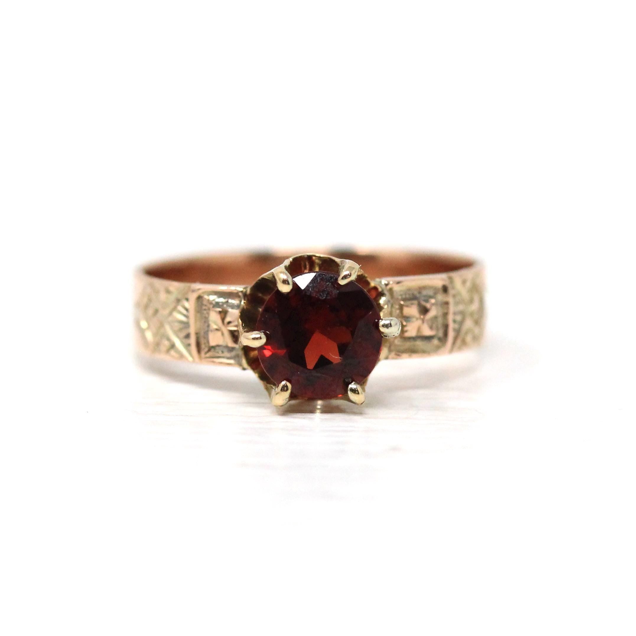Victorian Garnet Ring - Antique 10k Rosy Yellow Gold Solitaire Gemstone - Circa 1890s Era Size 5.5 January Birthstone Engraved Fine Jewelry