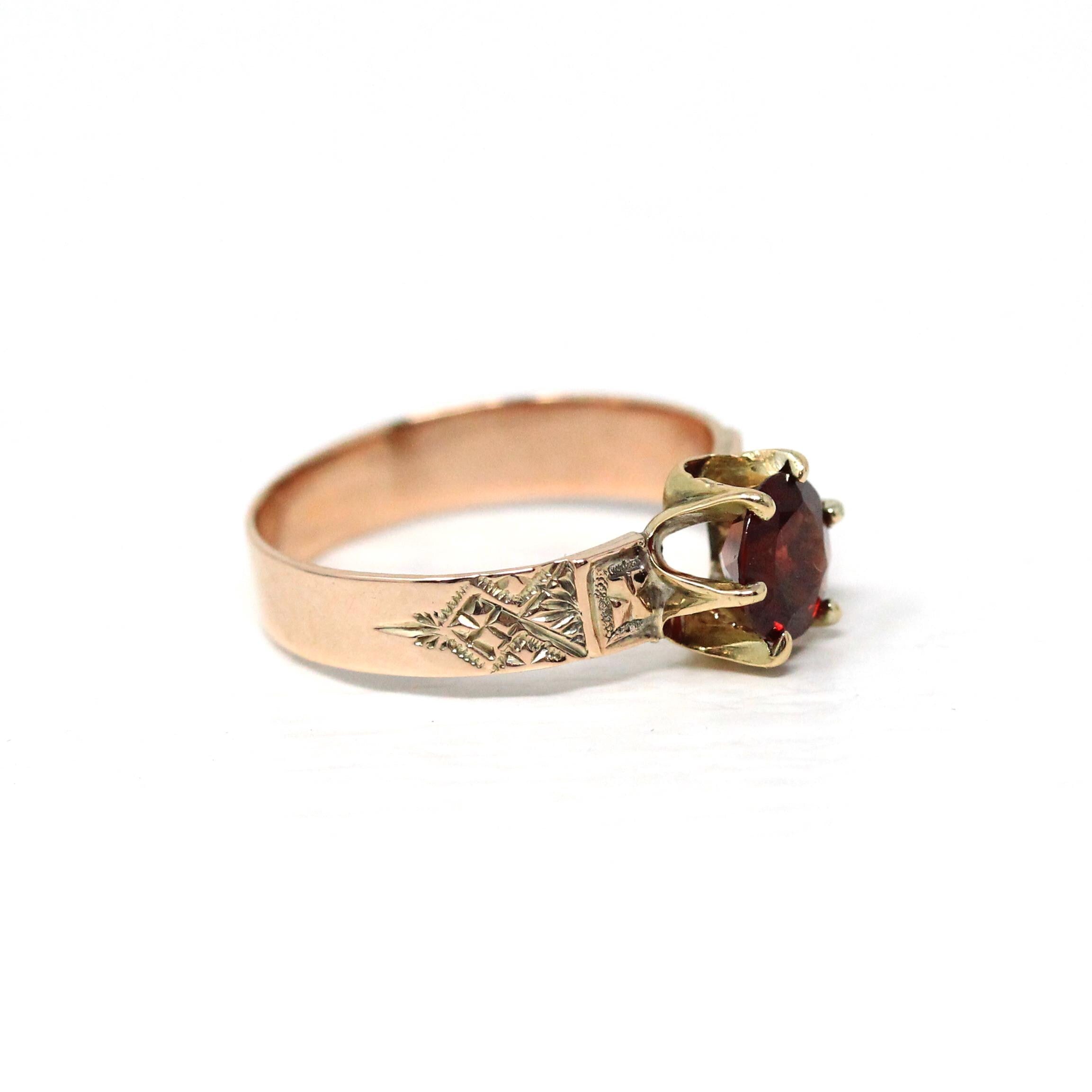 Victorian Garnet Ring - Antique 10k Rosy Yellow Gold Solitaire Gemstone - Circa 1890s Era Size 5.5 January Birthstone Engraved Fine Jewelry