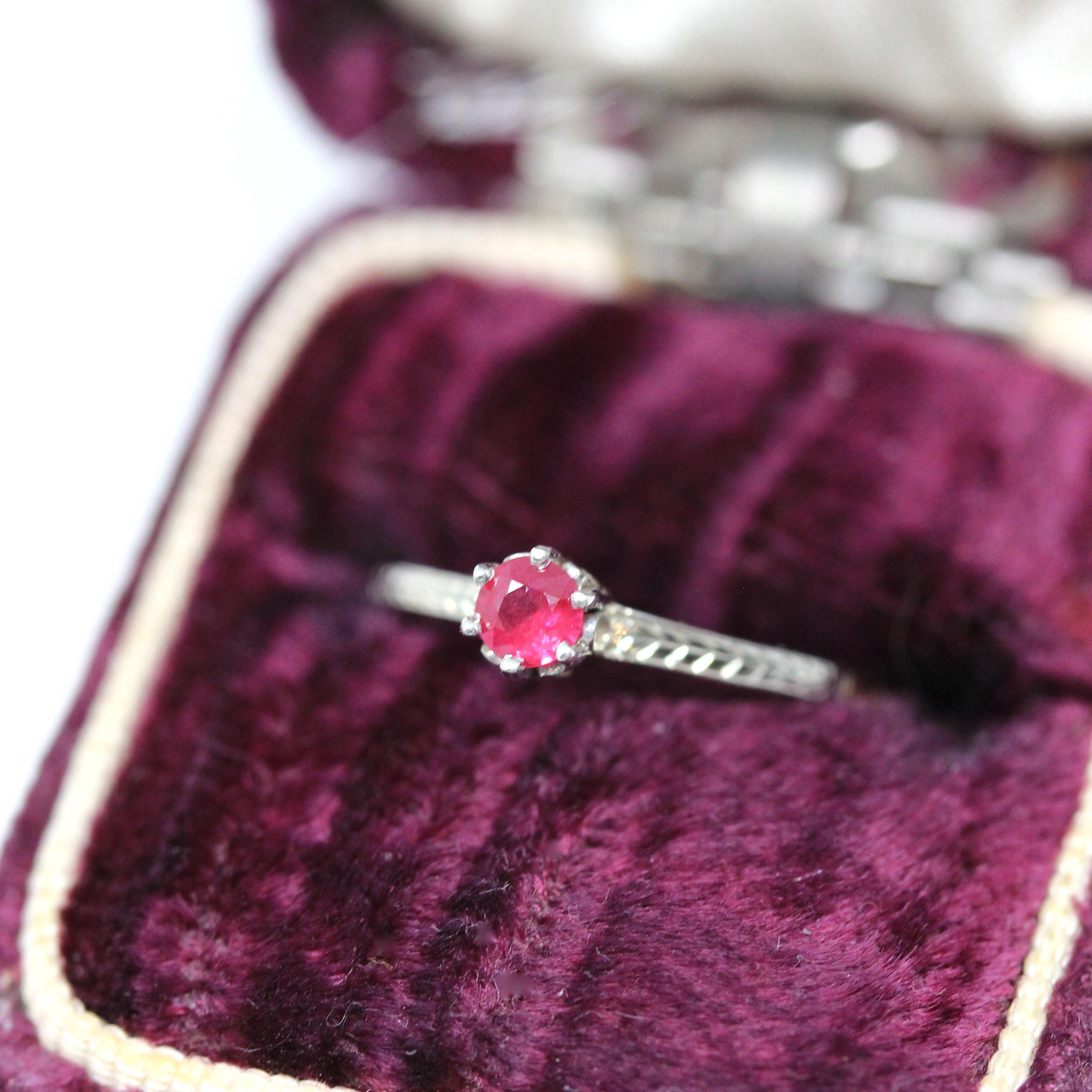 Art Deco Ruby Ring - Vintage 14k Yellow White Two Tone Gold Natural Red Gemstone Solitaire - Circa 1930s Size 5 Dainty Wheat Fine Jewelry