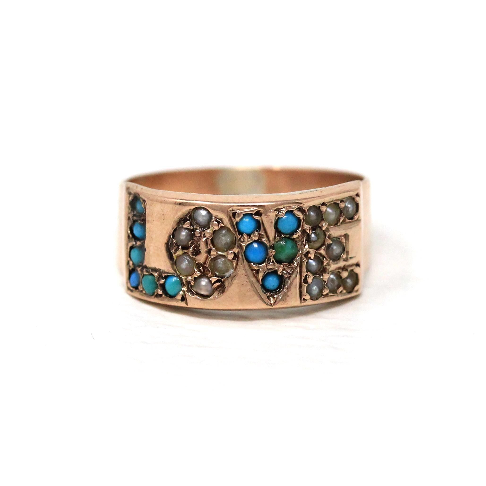 Antique LOVE Ring - Victorian 14k Rose Gold Simulated Turquoise Seed Pearl Gemstones Statement - Late 1800s Era Band Size 5 1/4 Fine Jewelry