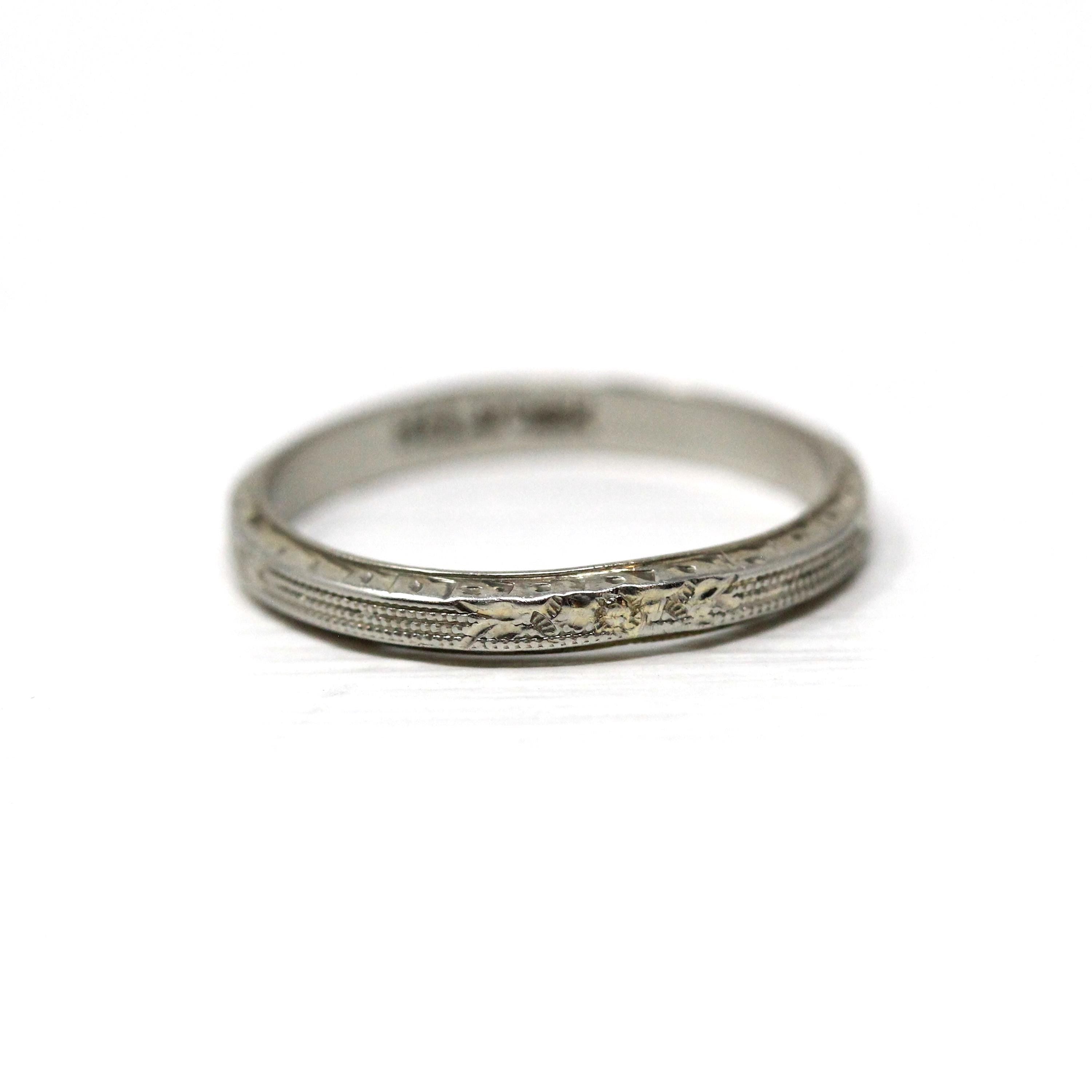 Belais Wedding Band - Art Deco 18k White Gold Engraved Orange Blossom Flower Ring - Antique Circa 1920s Size 6 Fine Signed Bridal Jewelry