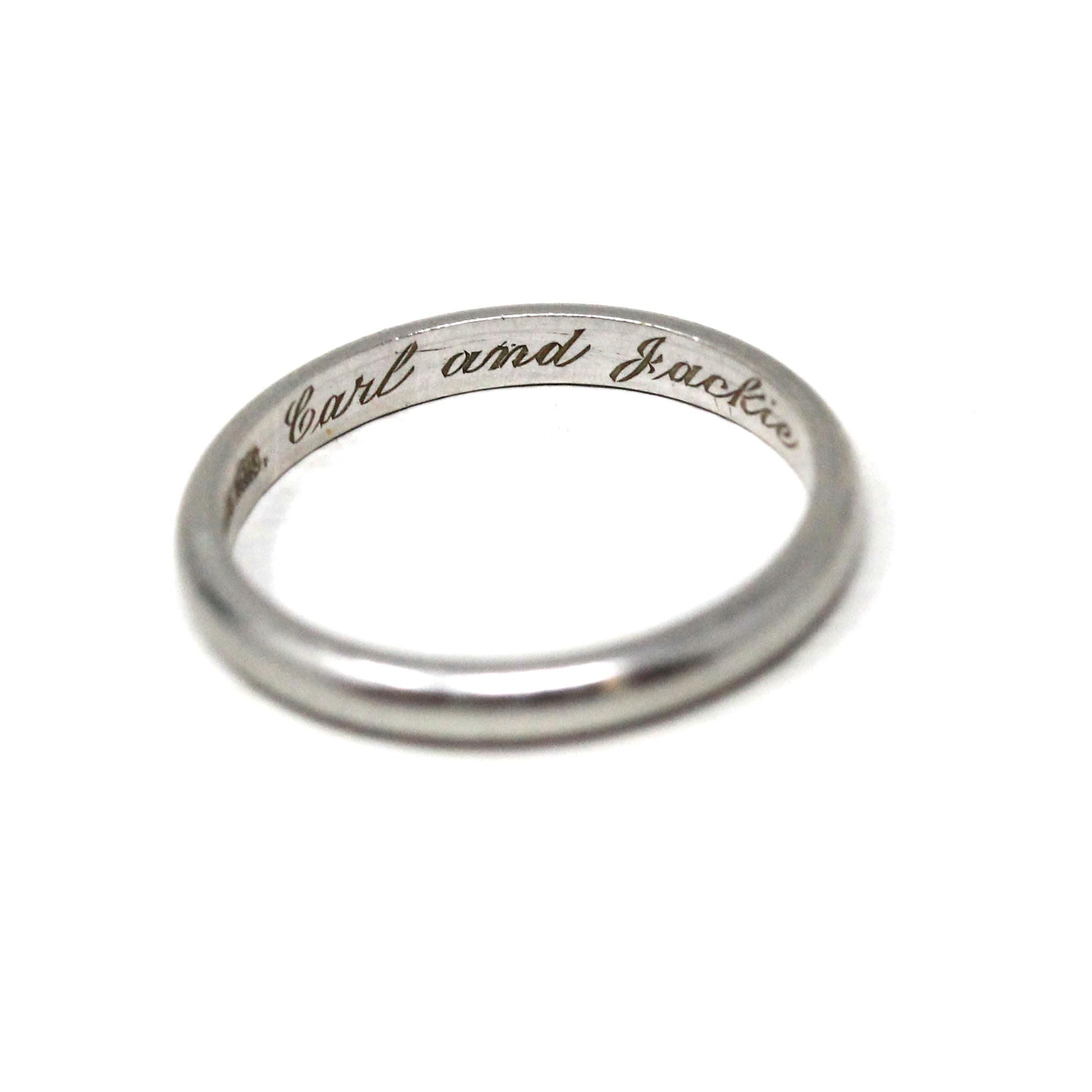 Vintage Wedding Band - Mid Century Era Platinum 2 MM Bridal Ring - Dated 1949 Size 5 Heirloom Fine Carl And Jackie Engraved Keepsake Jewelry