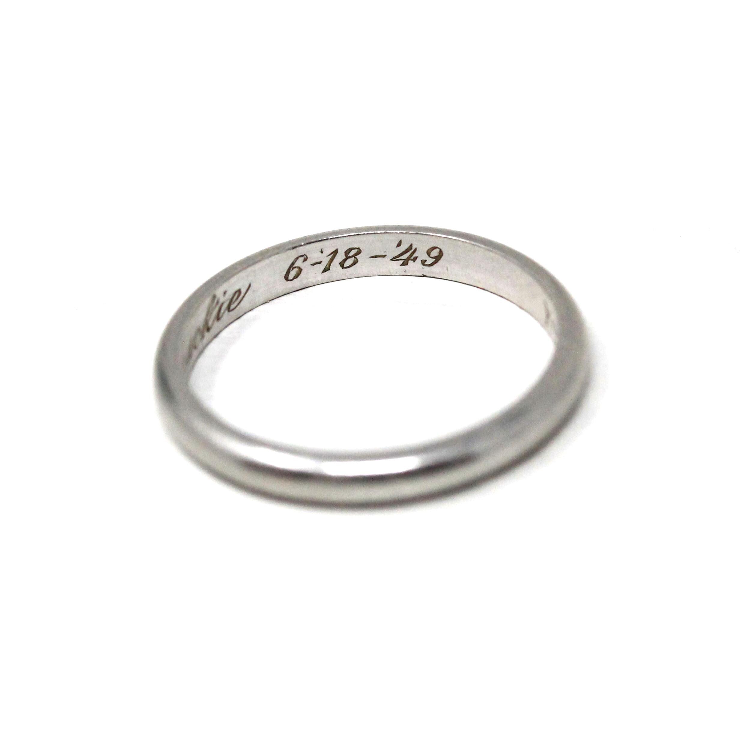 Vintage Wedding Band - Mid Century Era Platinum 2 MM Bridal Ring - Dated 1949 Size 5 Heirloom Fine Carl And Jackie Engraved Keepsake Jewelry