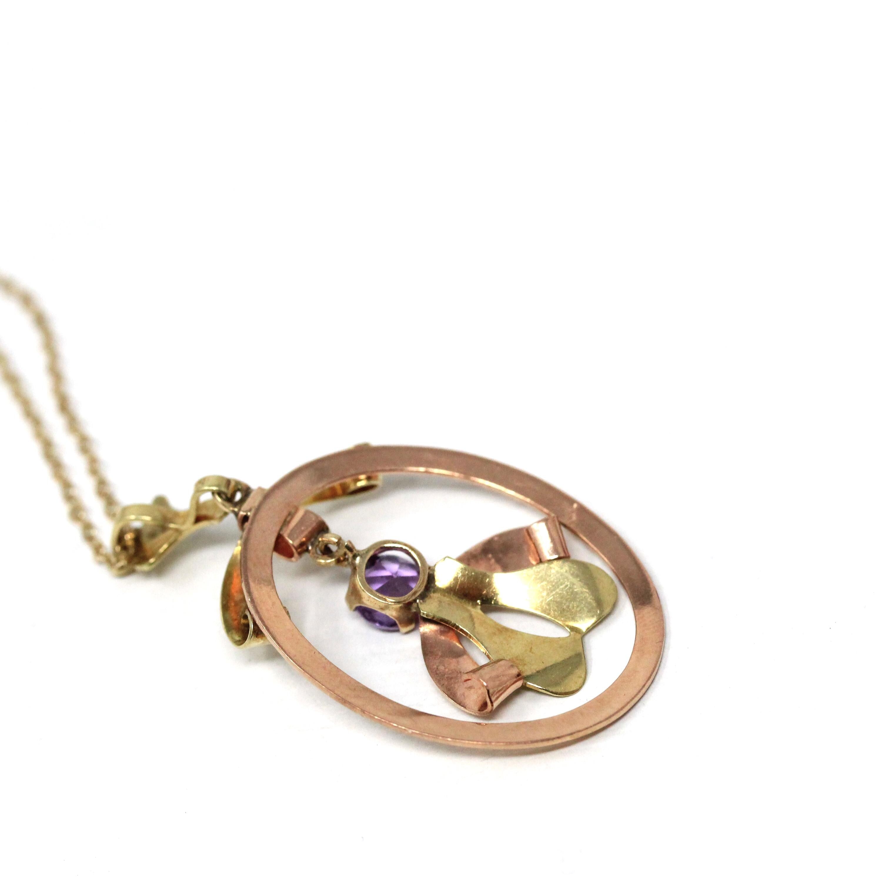 Vintage Amethyst Pendant - Mid Century 10k Yellow & Rose Gold Purple Gem Lavalier Necklace - Circa 1940s Fine February Birthstone Jewelry