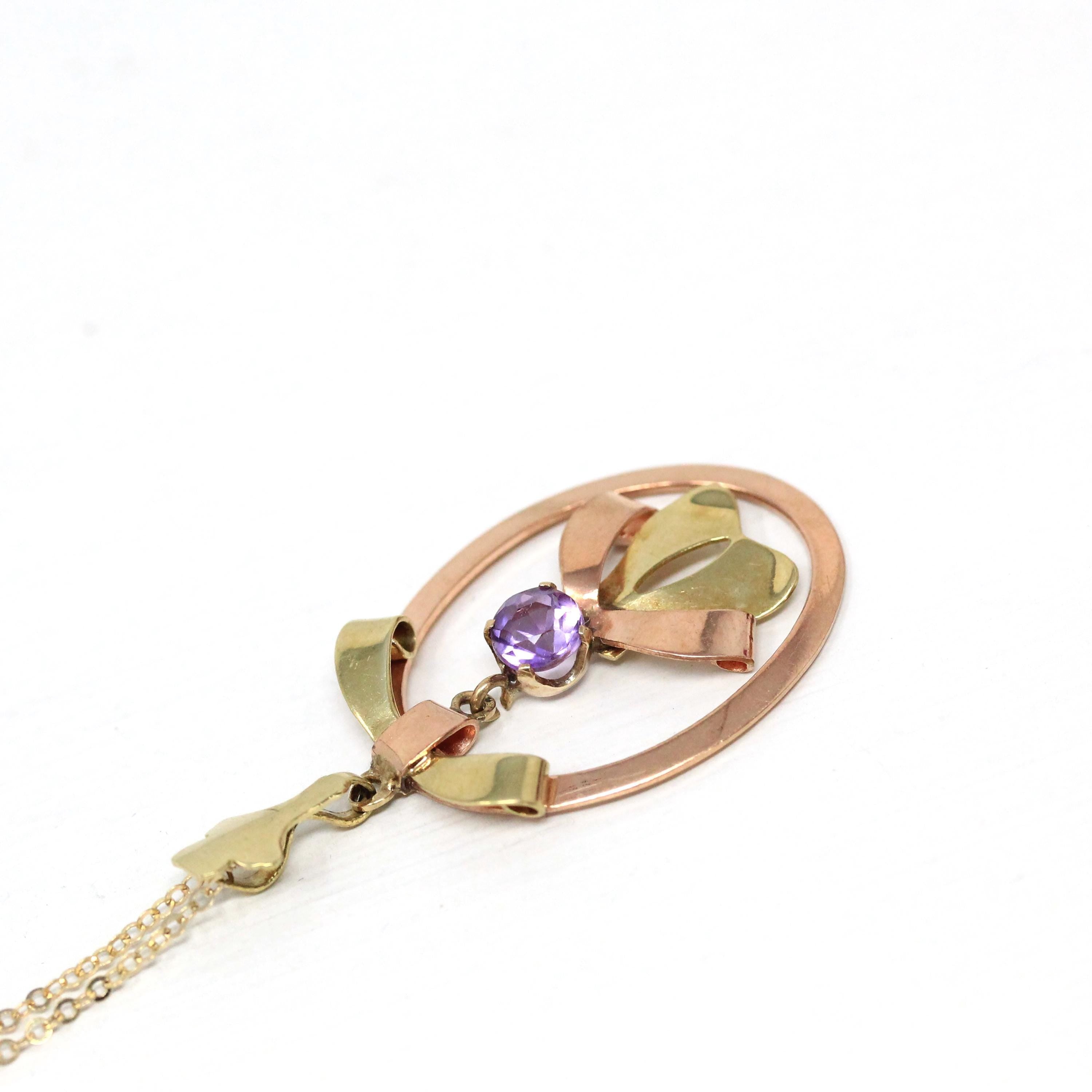 Vintage Amethyst Pendant - Mid Century 10k Yellow & Rose Gold Purple Gem Lavalier Necklace - Circa 1940s Fine February Birthstone Jewelry