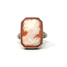 Art Deco Cameo Ring - Vintage 18k White Gold Filigree Statement Ring - Circa 1930s Era Size 5.75 Rectangular Carved Pink Shell Fine Jewelry