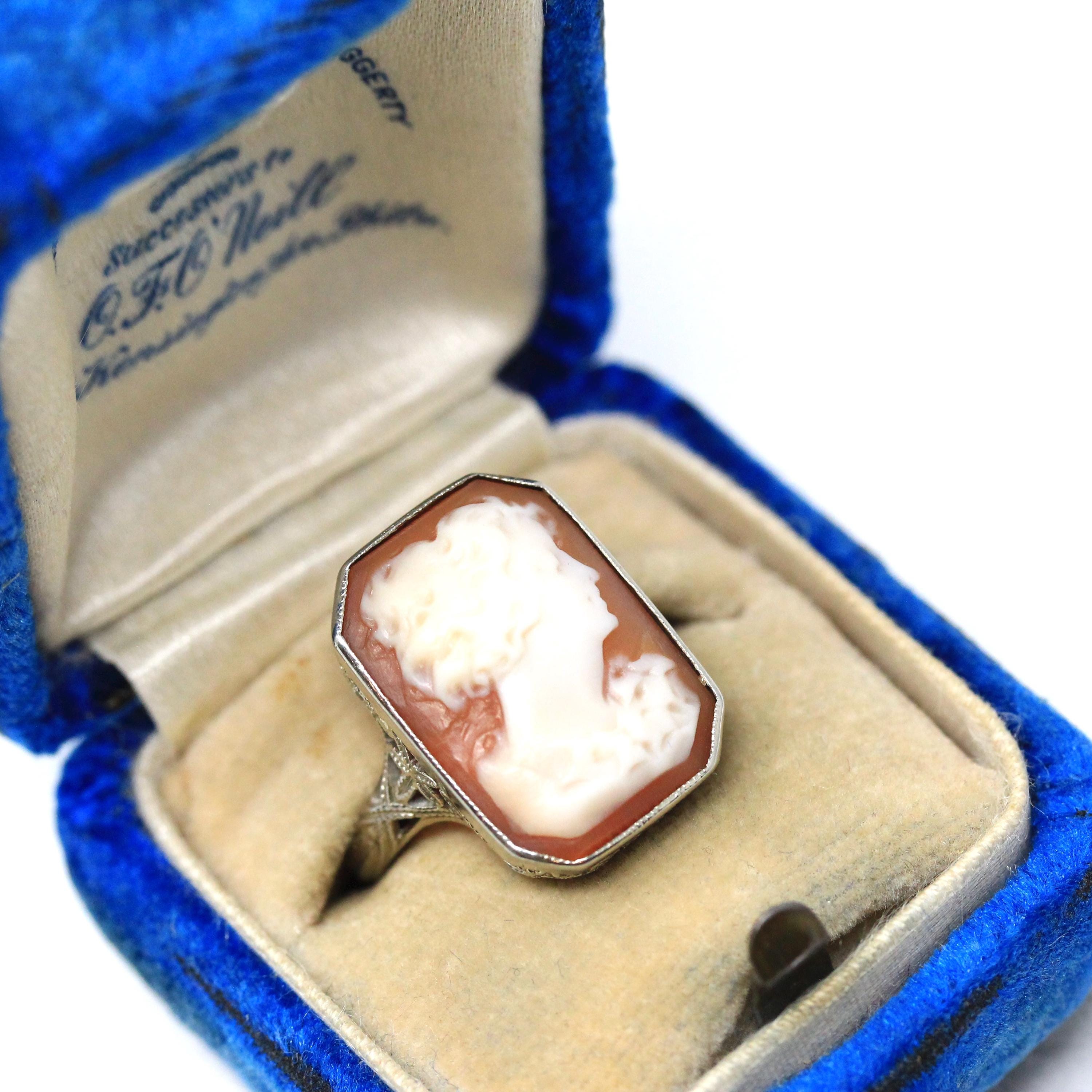 Art Deco Cameo Ring - Vintage 18k White Gold Filigree Statement Ring - Circa 1930s Era Size 5.75 Rectangular Carved Pink Shell Fine Jewelry
