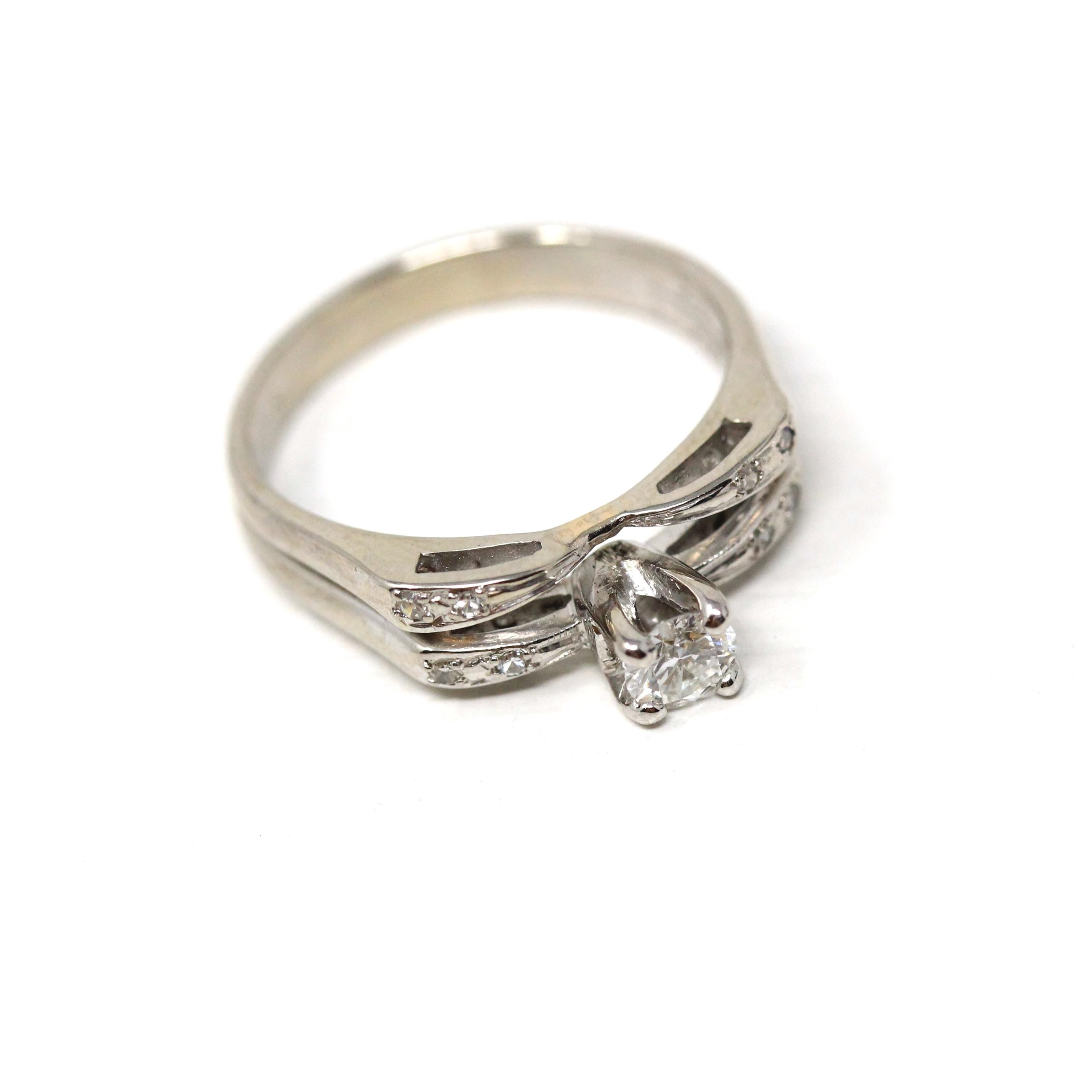 Vintage Wedding Ring Set - Mid Century 14k White Gold Natural Diamond Bands - Circa 1950s Era Size 6 1/2 Engagement Fine Bow Bridal Jewelry