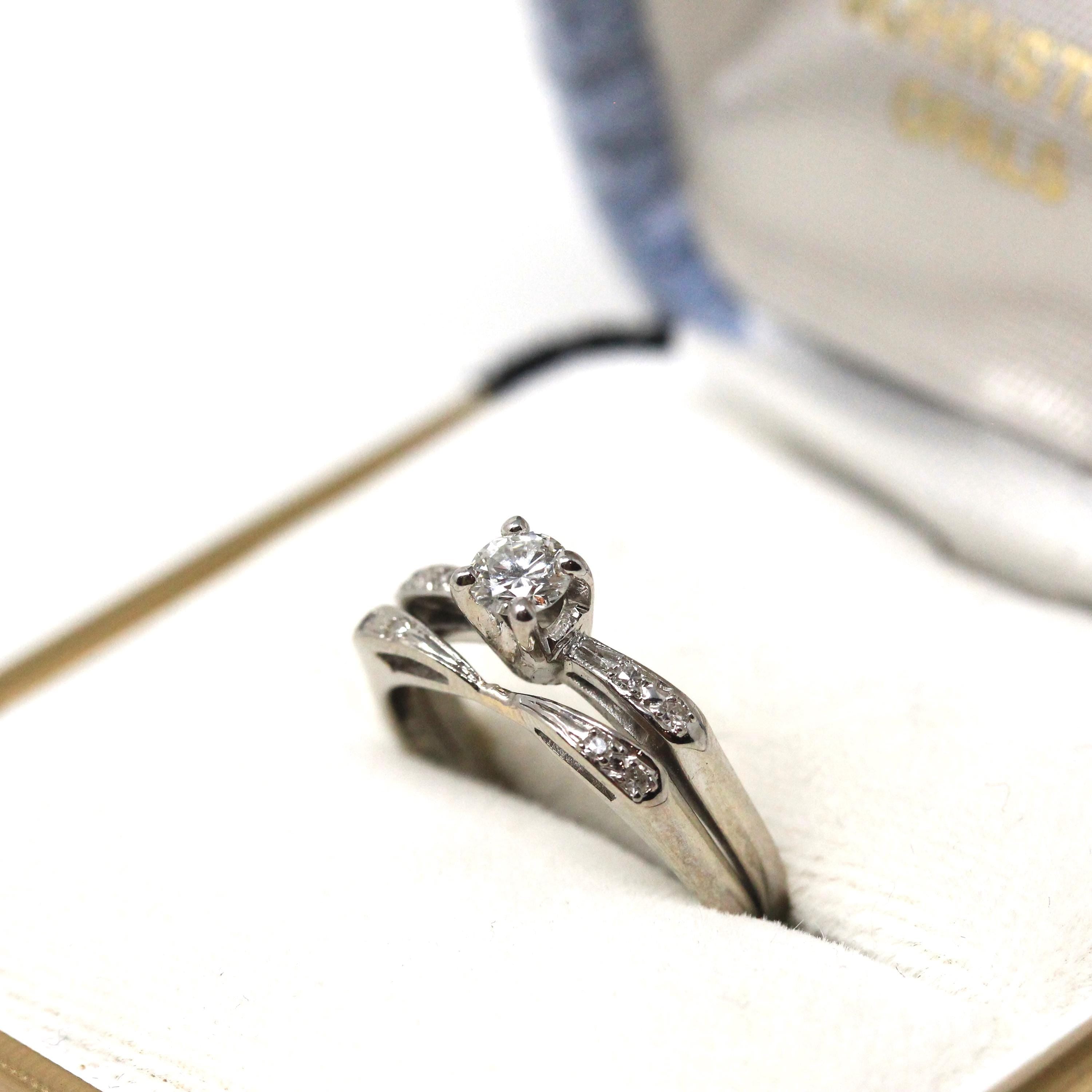 Vintage Wedding Ring Set - Mid Century 14k White Gold Natural Diamond Bands - Circa 1950s Era Size 6 1/2 Engagement Fine Bow Bridal Jewelry