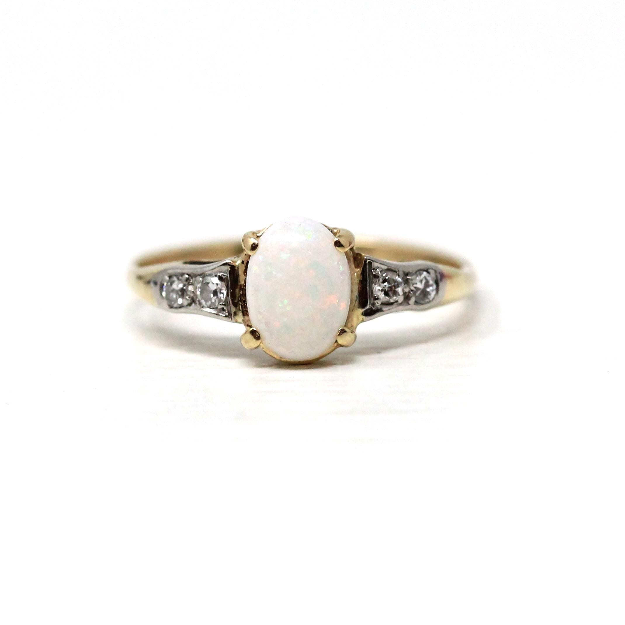 Opal & Diamond Ring - Modern 14k Yellow Gold Oval Cut October Birthstone Gemstone - Estate Circa 2000's Era Size 5 1/4 Two Tone Fine Jewelry