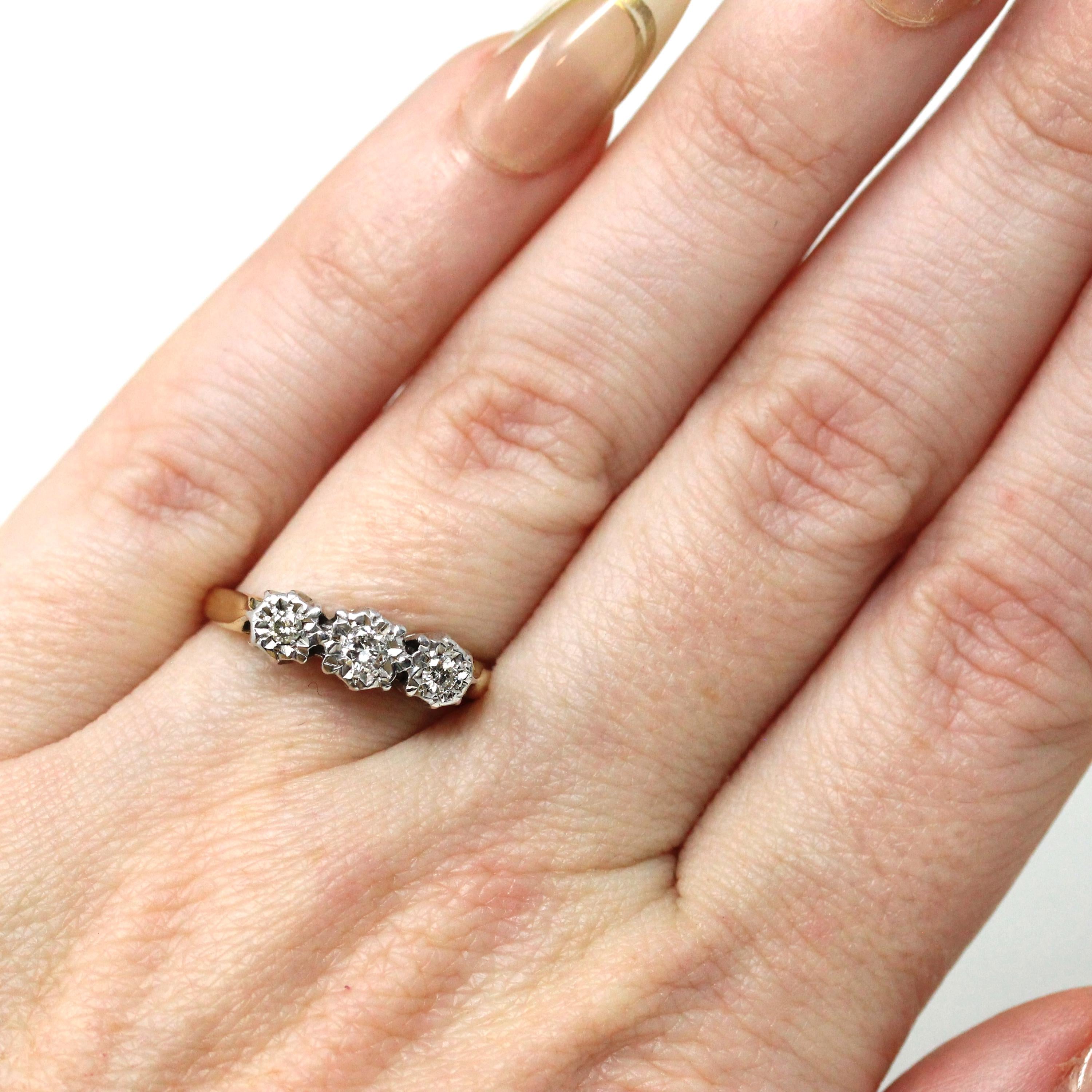 Three Diamond Ring - Retro Era 18k Yellow & White Gold Two Tone Engagement Band - Circa 1970s Size 5 1/4 Fine Star Incised Bridal Jewelry