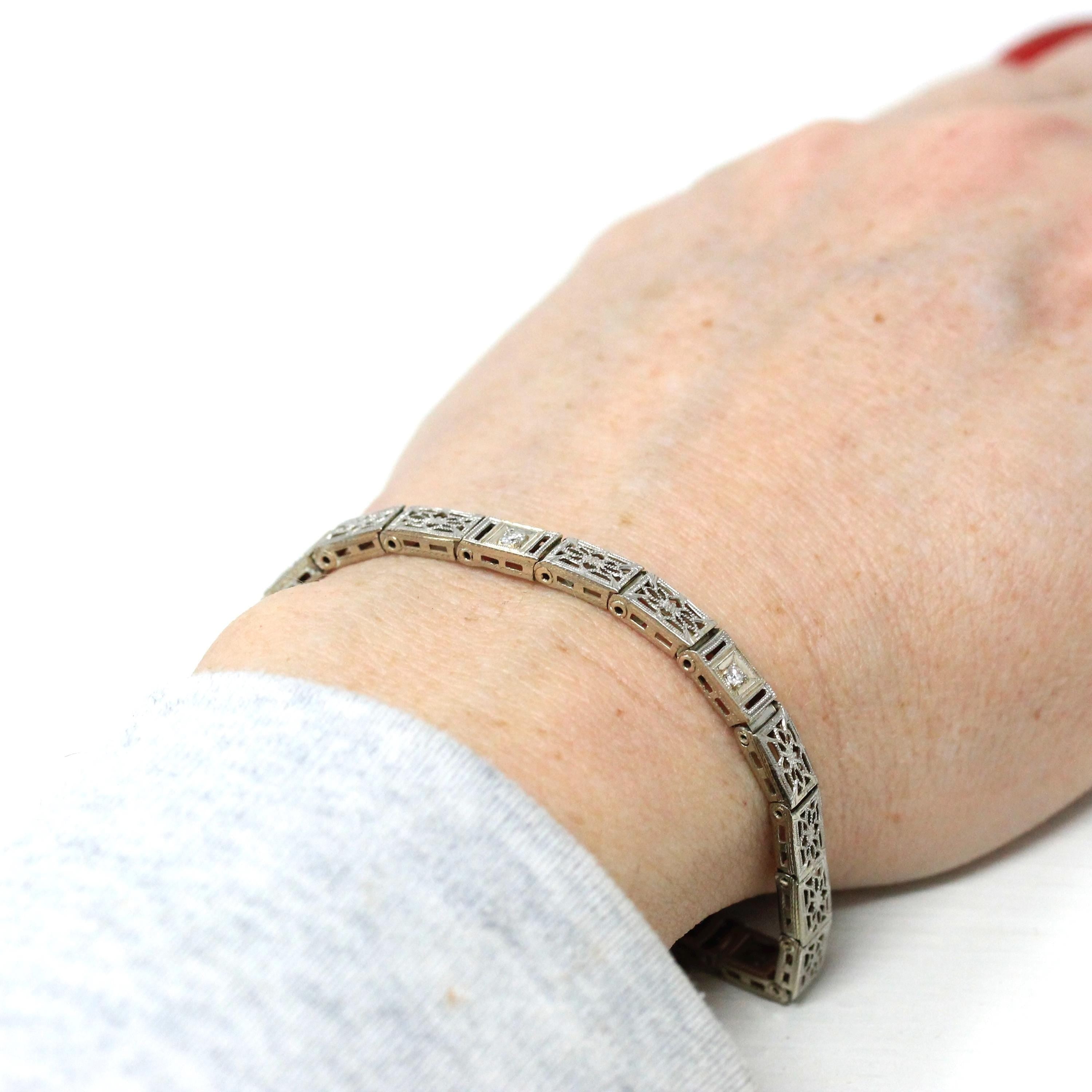 Art Deco Bracelet - Vintage 14k White Gold Flower Filigree .06 CTW Diamonds - Circa 1930s Line Tennis Style Fashion Accessory Fine Jewelry