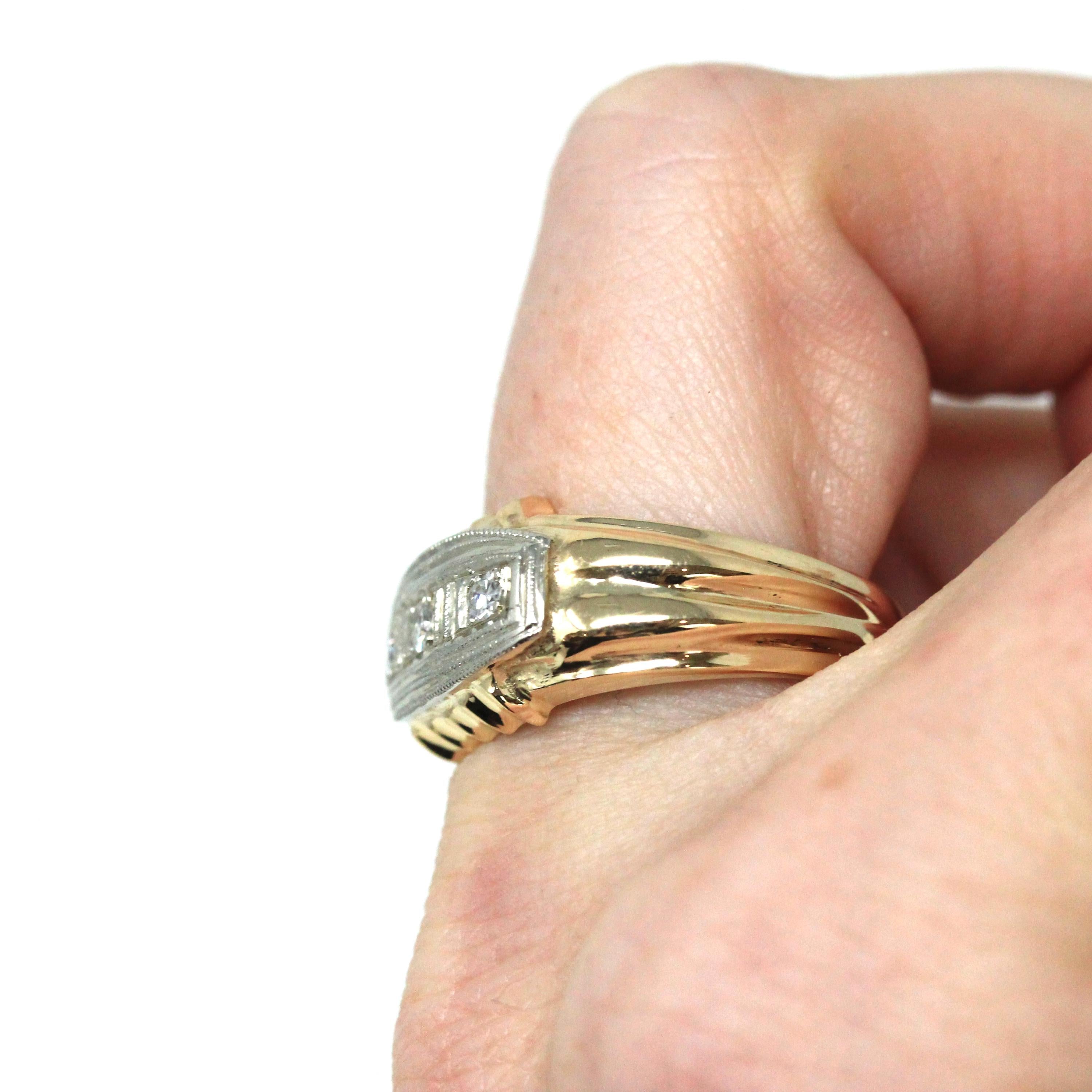 Vintage Diamond Ring - Mid Century Era 14k Yellow & White Gold Unisex Mens Band - Circa 1940s Size 9 Two Tone Engagement Bridal Fine Jewelry