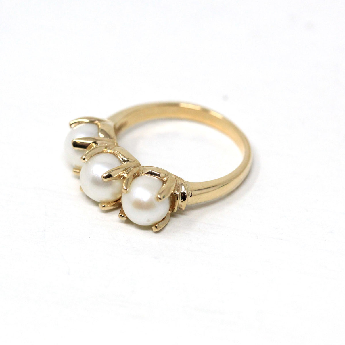 Three Stone Pearl Ring - Vintage 14k Yellow Gold Organic Cultured Gemstone Band - Modern Circa 1990s Era Size 6 June Birthstone Fine Jewelry