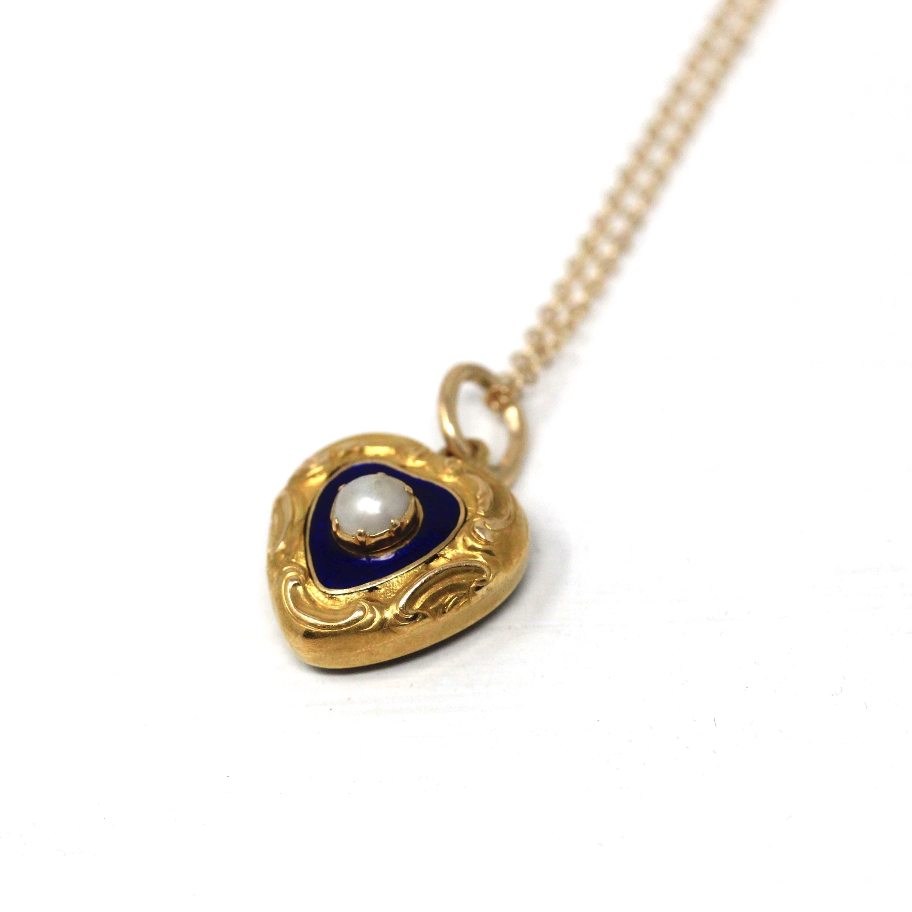 Antique Heart Pendant - Victorian 15ct Yellow Gold Blue Enamel Pearl Charm Necklace - Vintage Circa 1900 Alexander Compartment Fine Jewelry