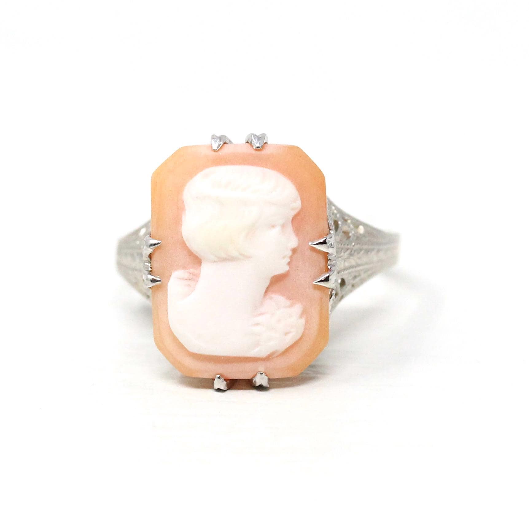 Vintage Cameo Ring - Art Deco Era 14k White Gold Filigree Statement Ring - Circa 1930s Size 8 Rectangular Carved Pink Shell Fine OB Jewelry