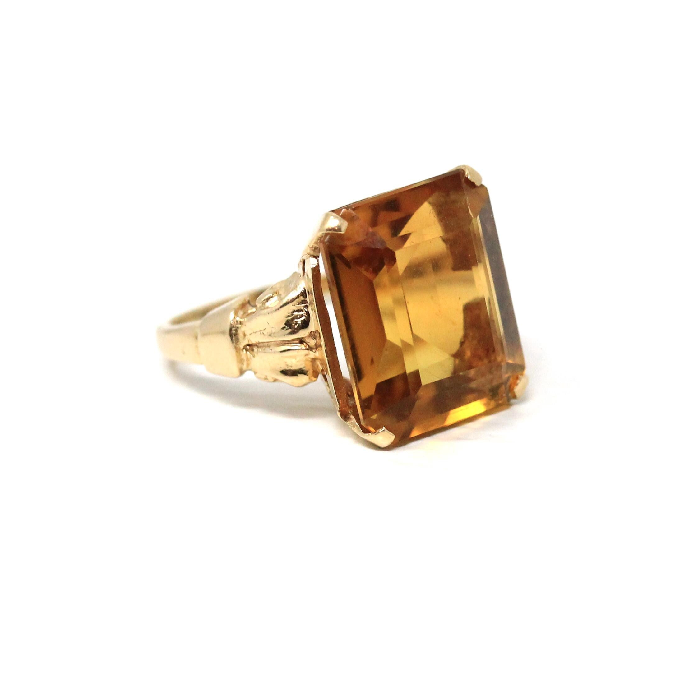 Vintage Citrine Ring - Retro 14k Yellow Gold Emerald Cut Natural Orange Gemstone Statement Ring - Circa 1970s Size 5 Fine "Romany" Jewelry