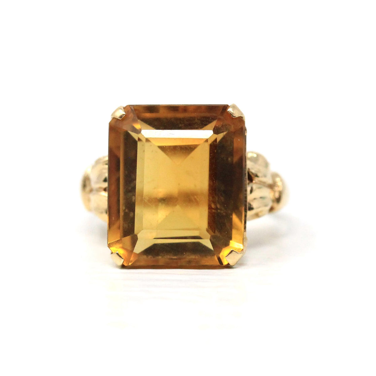 Vintage Citrine Ring - Retro 14k Yellow Gold Emerald Cut Natural Orange Gemstone Statement Ring - Circa 1970s Size 5 Fine "Romany" Jewelry