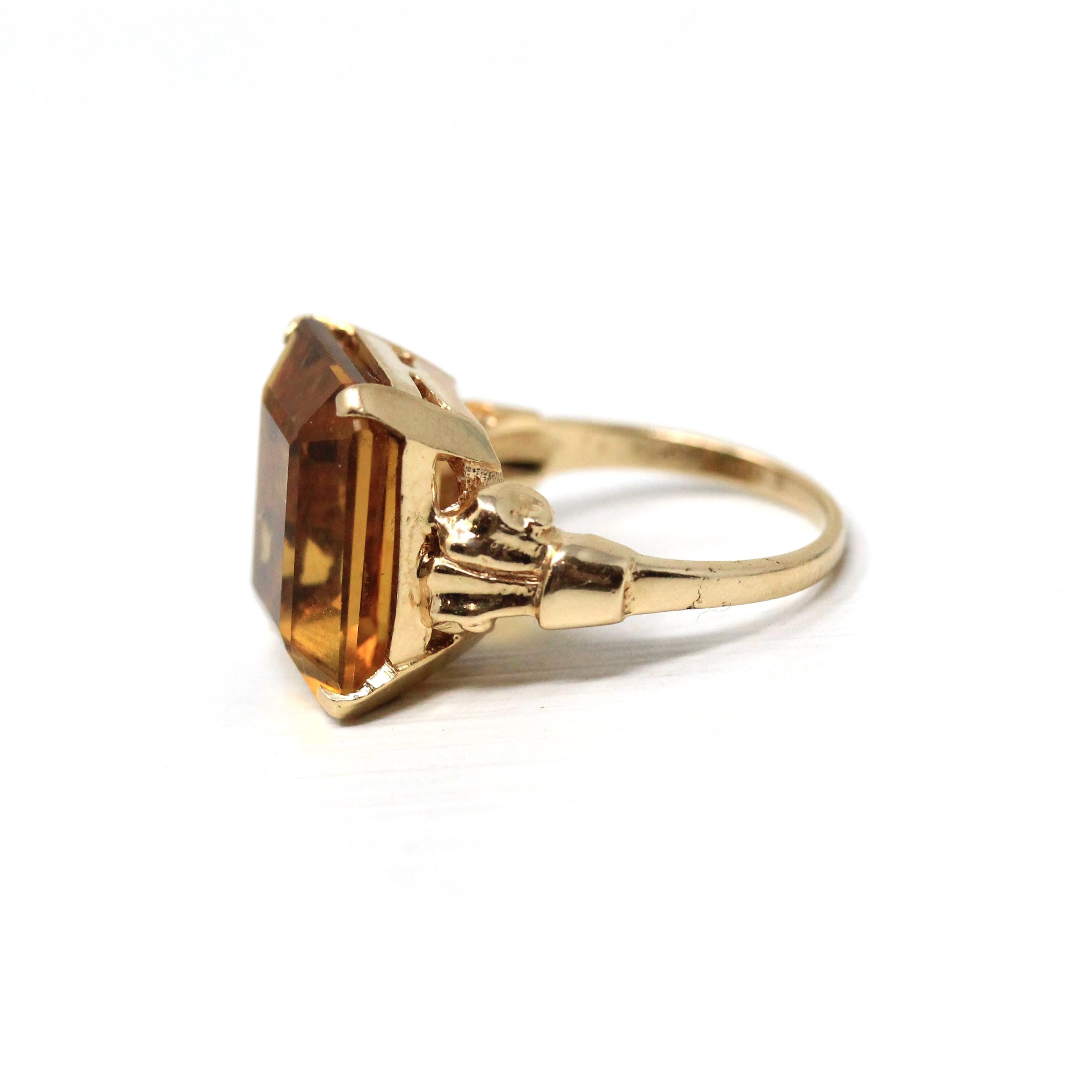 Vintage Citrine Ring - Retro 14k Yellow Gold Emerald Cut Natural Orange Gemstone Statement Ring - Circa 1970s Size 5 Fine "Romany" Jewelry
