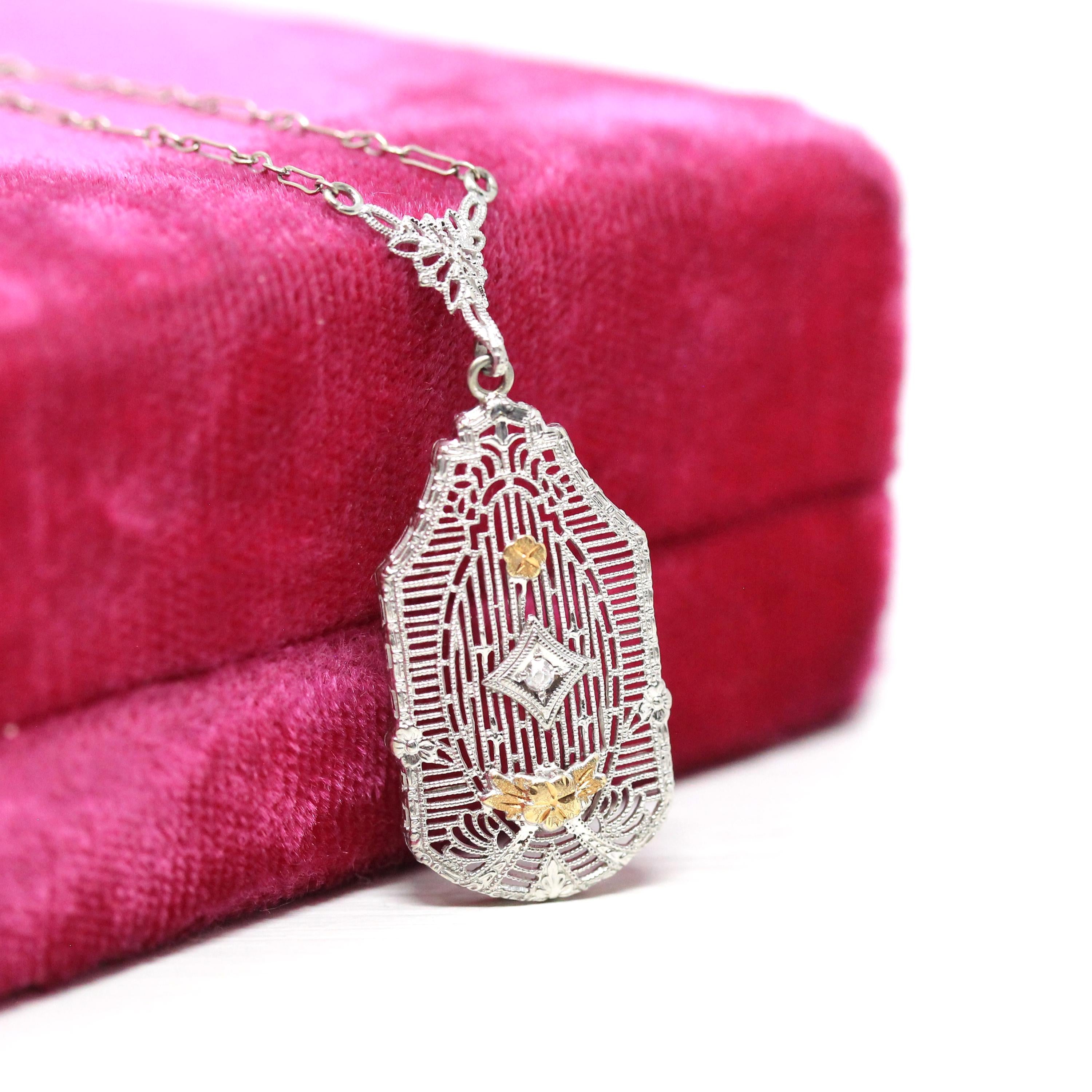 Art Deco Filigree Necklace - Vintage 10k White & Yellow Gold .01 CT Diamond Necklace - Circa 1930s Era Filigree Flower Lavalier Fine Jewelry