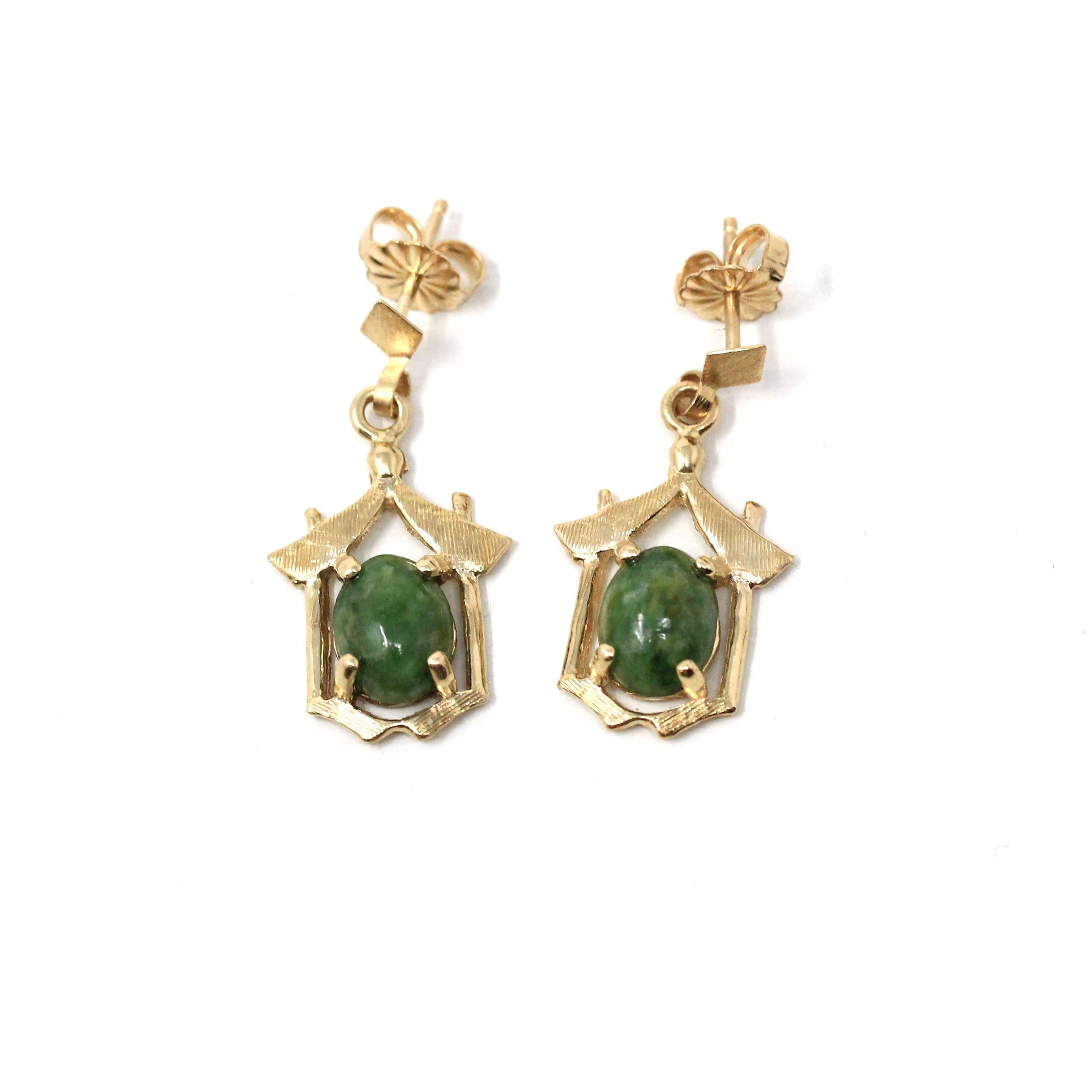 Vintage Serpentine Earrings - Retro 14k Yellow Gold Pierced Dangle Drop - Circa 1970s Era Natural Green Gemstone Fine Asian Inspired Jewelry