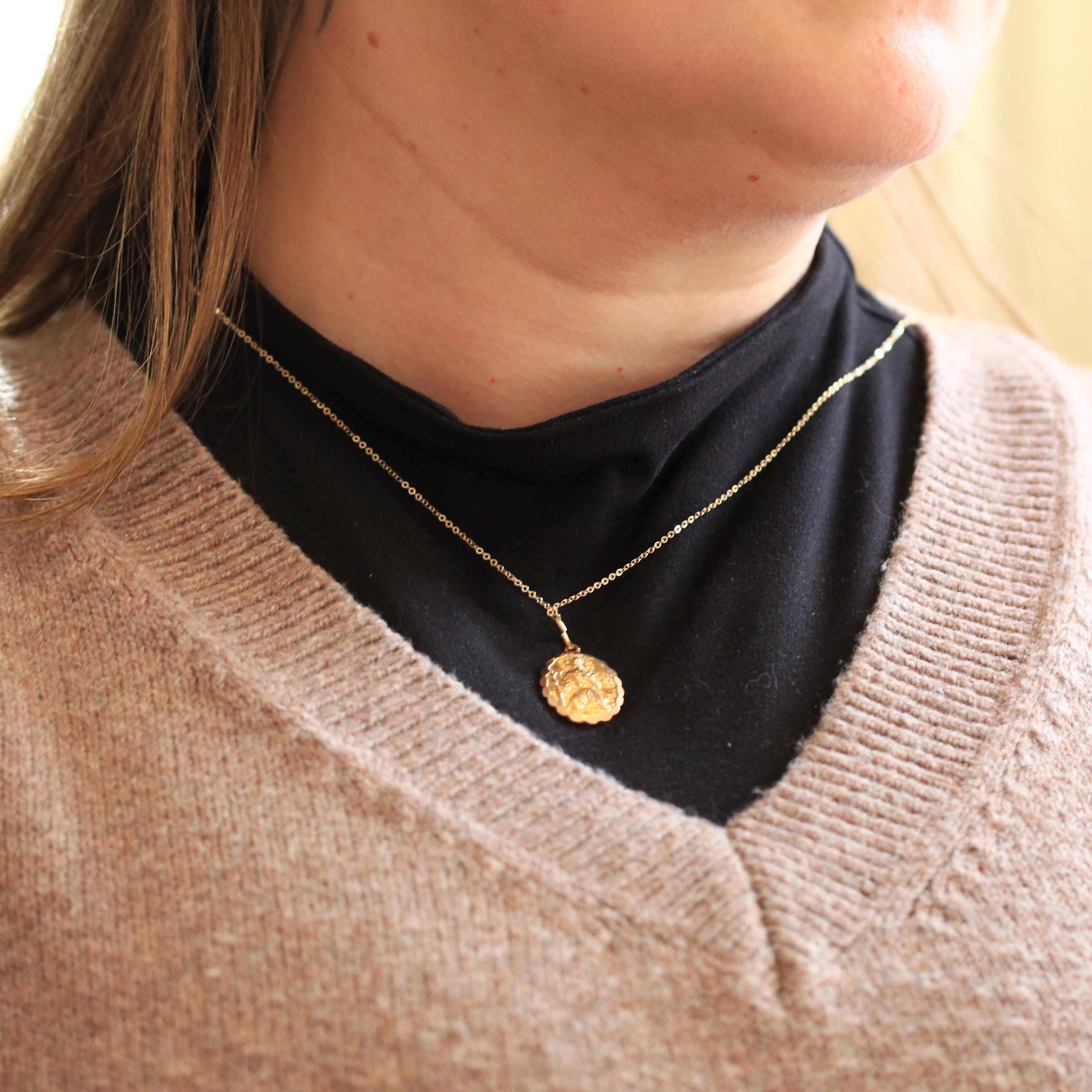 Saint Christopher Pendant - Retro 9k Yellow Gold Charm Necklace - Vintage 1970s Era Christian Patron Saint Of Travelers Georg Jensen Jewelry
