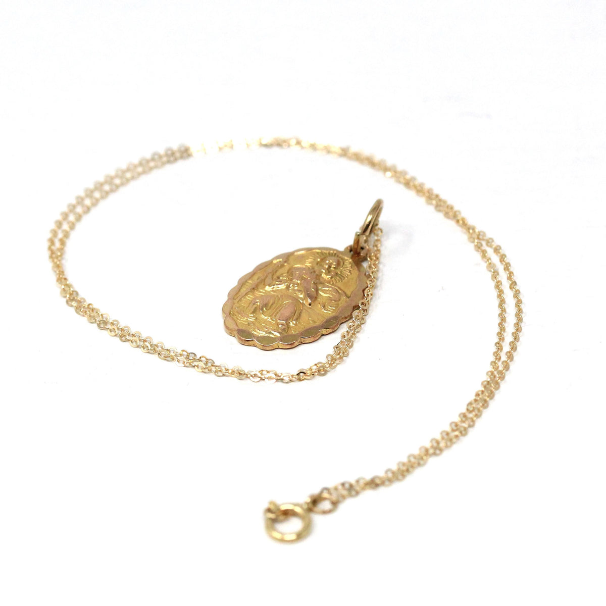 Saint Christopher Pendant - Retro 9k Yellow Gold Charm Necklace - Vintage 1970s Era Christian Patron Saint Of Travelers Georg Jensen Jewelry