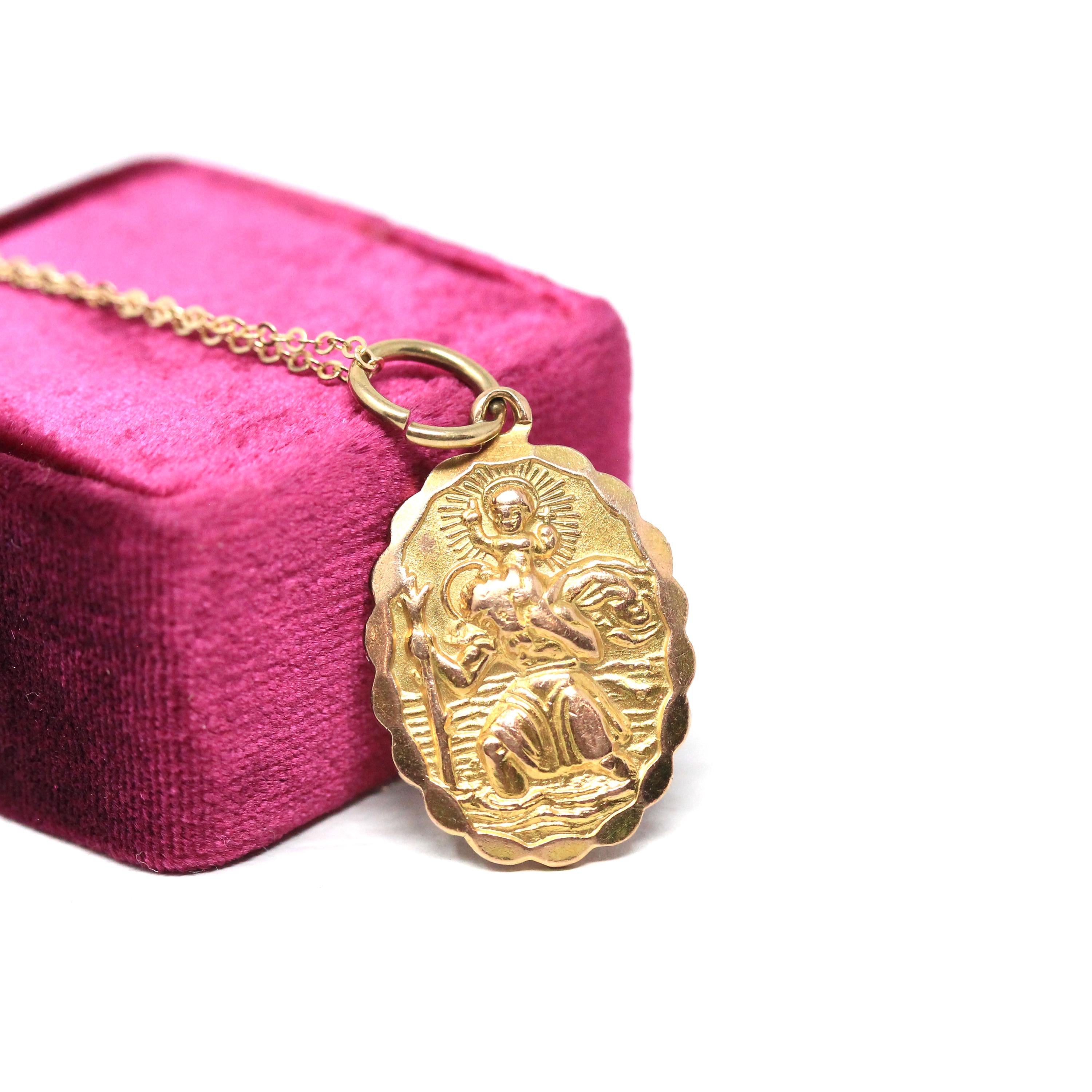 Saint Christopher Pendant - Retro 9k Yellow Gold Charm Necklace