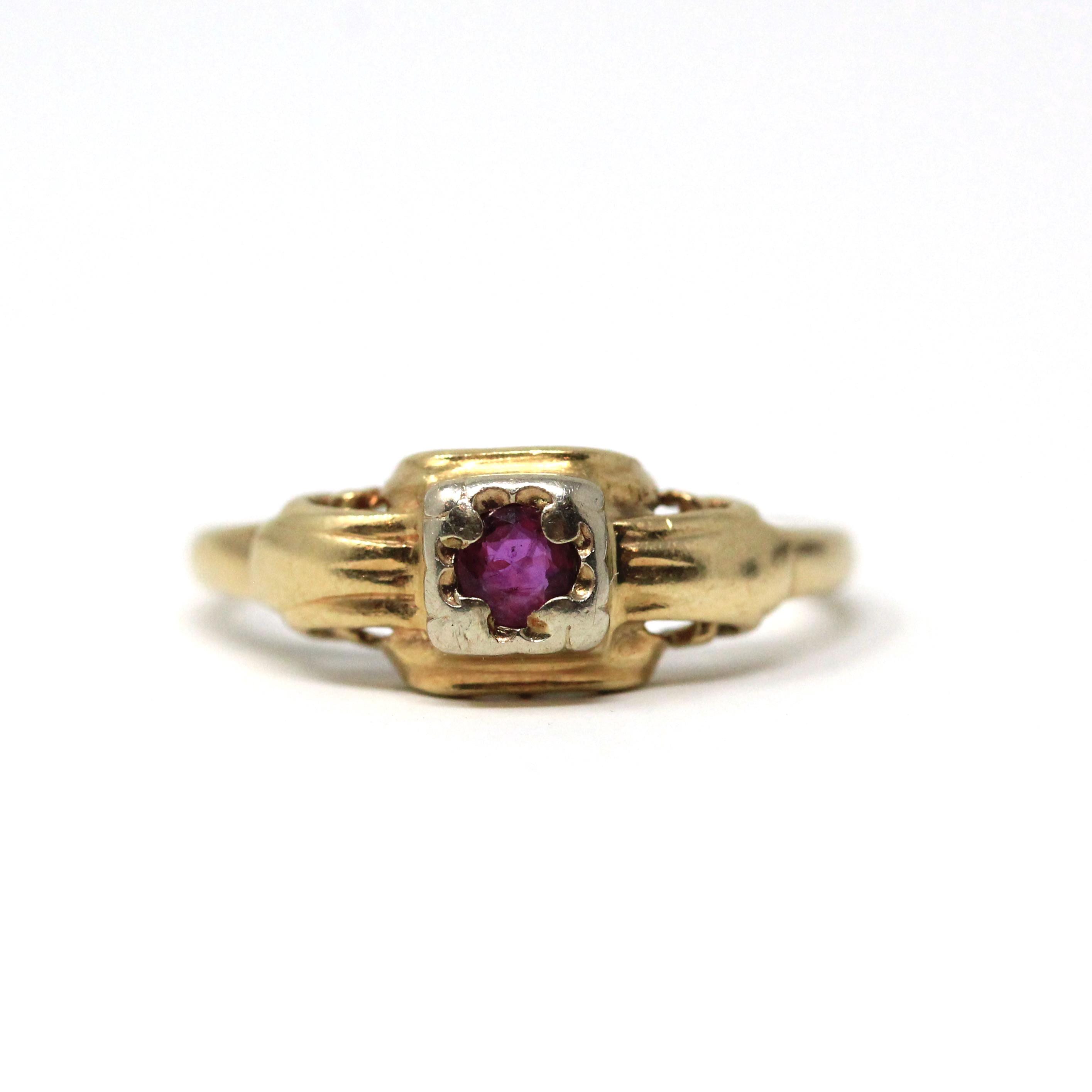 Vintage Ruby Ring - Retro 14k Yellow & White Gold Natural Gemstone - Circa 1940s Era Size 5 Two Tone Engagement Promise Fine 40s Jewelry