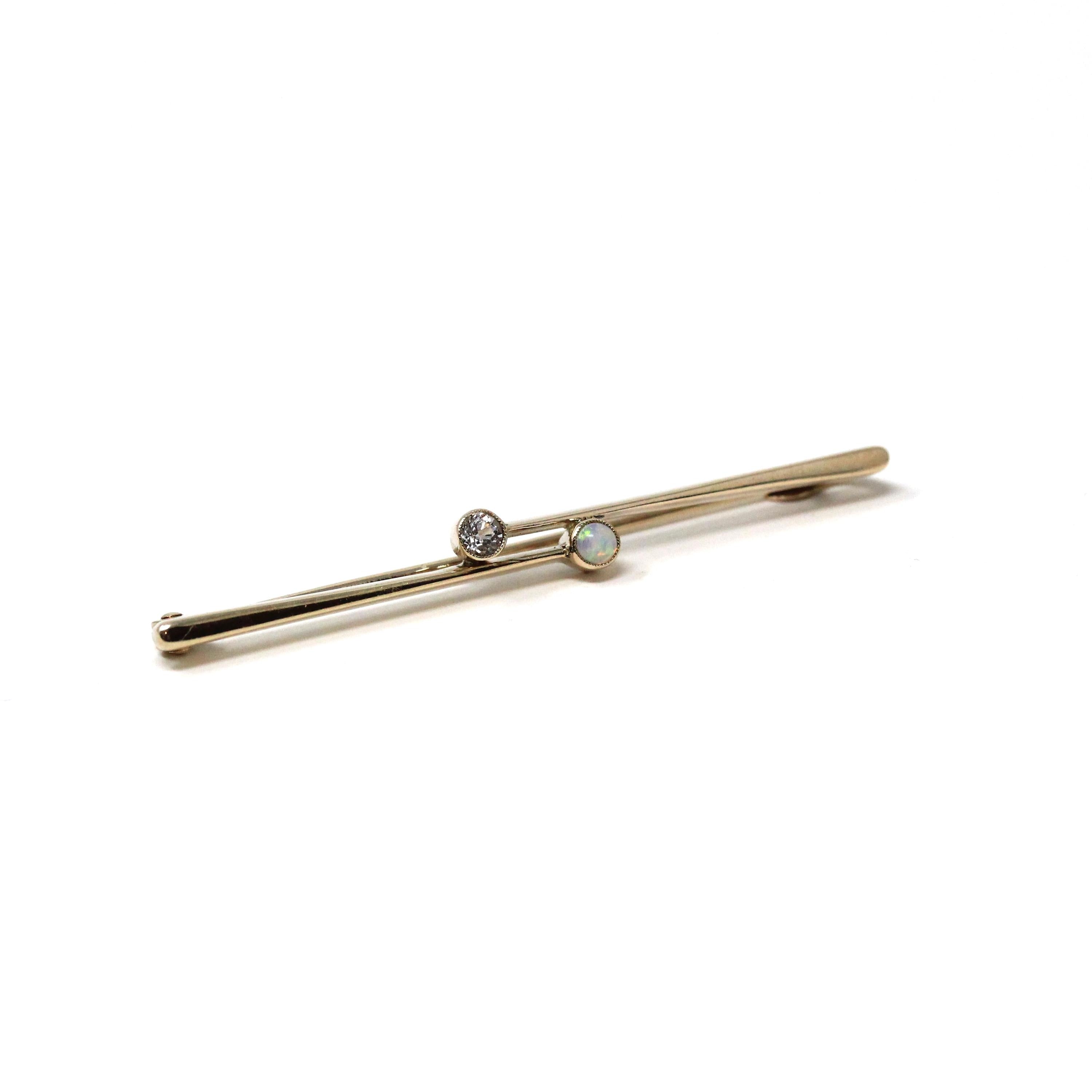 Opal & Created Sapphire Brooch - Edwardian 9ct Yellow Gold Cab Stone - Antique Circa 1900s Era Dainty Gemstone Statement Pin Fine Accessory