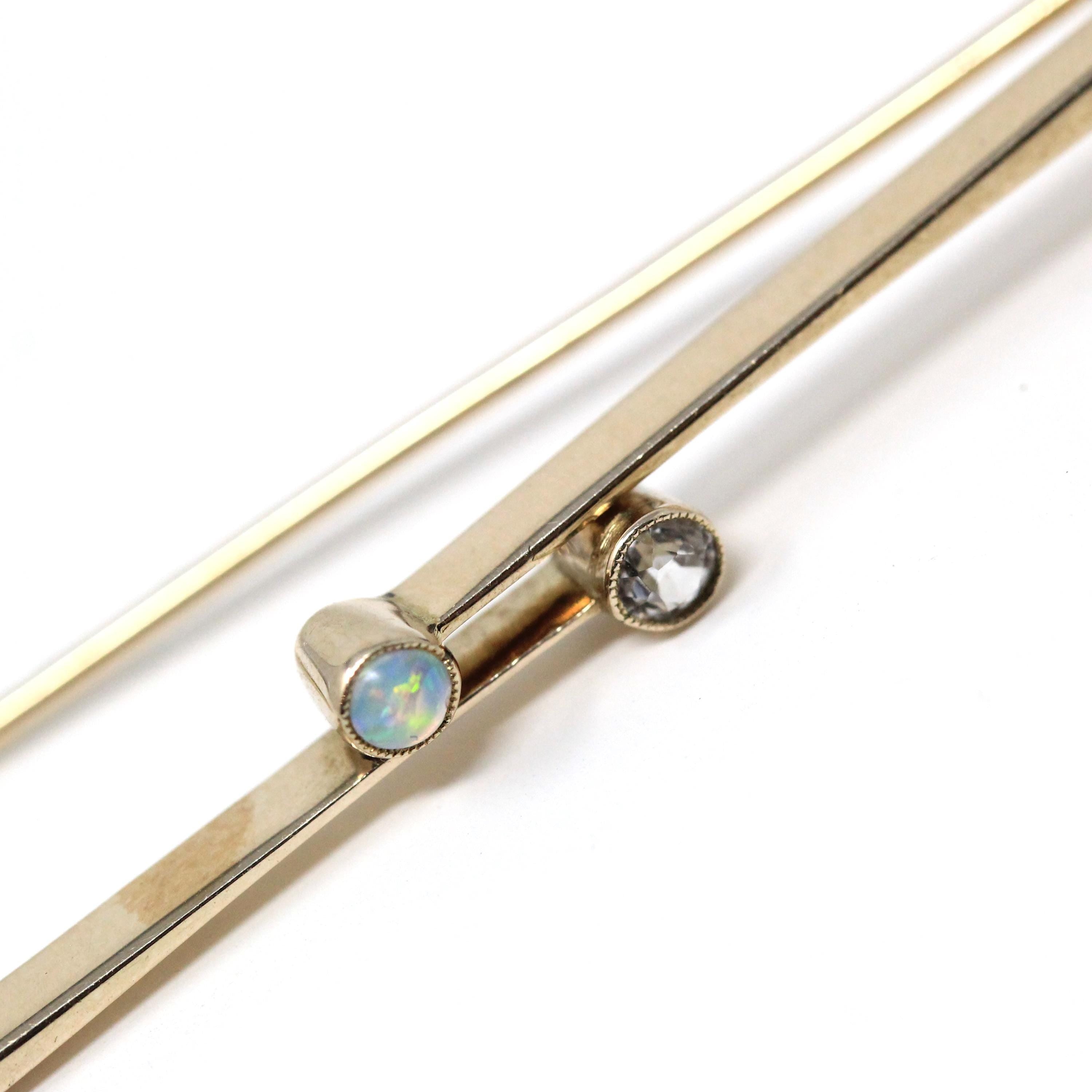 Opal & Created Sapphire Brooch - Edwardian 9ct Yellow Gold Cab Stone - Antique Circa 1900s Era Dainty Gemstone Statement Pin Fine Accessory
