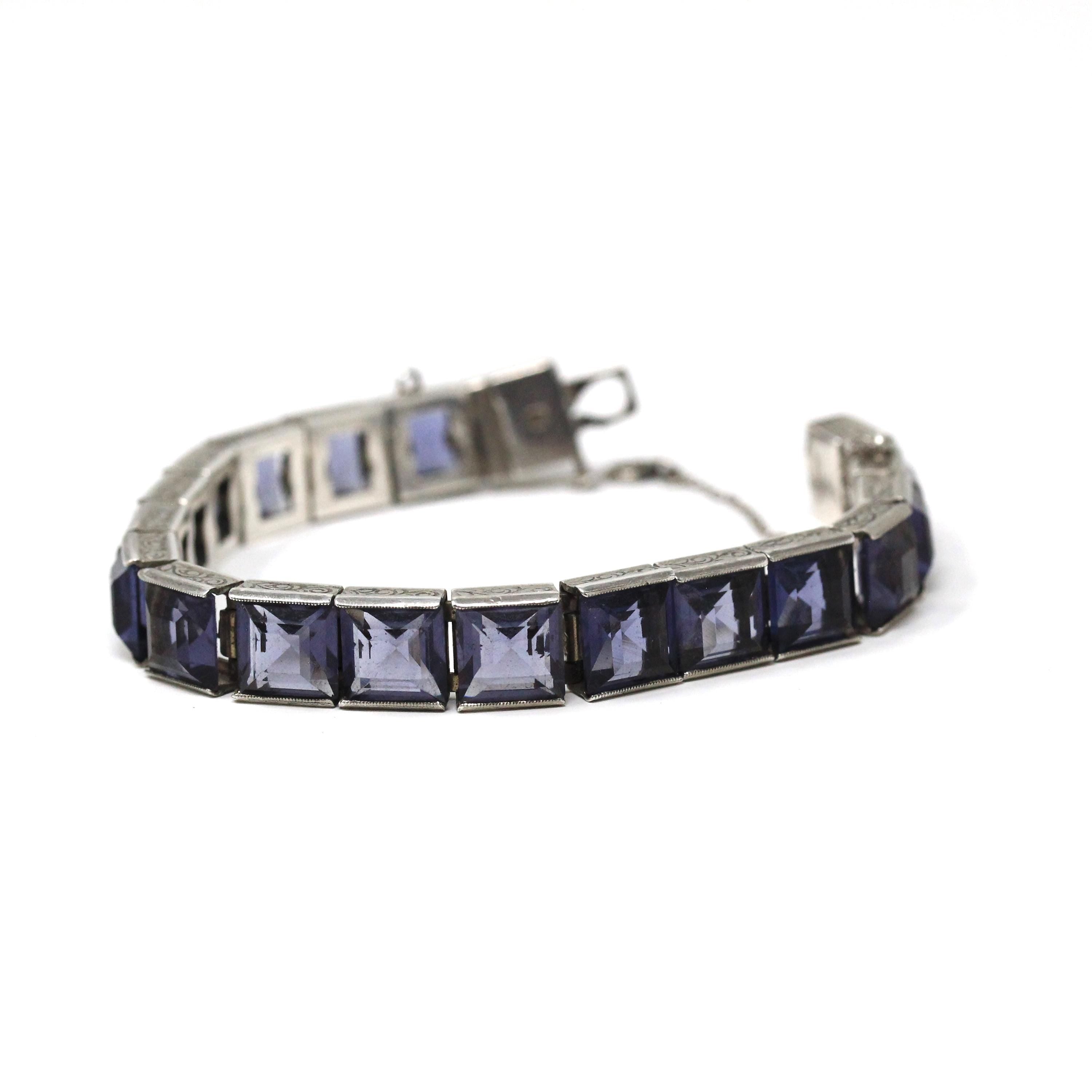 Art Deco Bracelet - Vintage Sterling Silver Purple Glass Step Cut Square Gems - Circa 1930s Era Statement Fine Fashion Accessory Jewelry
