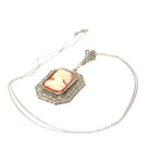 Vintage Cameo Necklace - Art Deco Era 10k White Gold Carved Shell Square Pendant Lavalier - Circa 1930s Filigree 14k Chain Fine 30s Jewelry