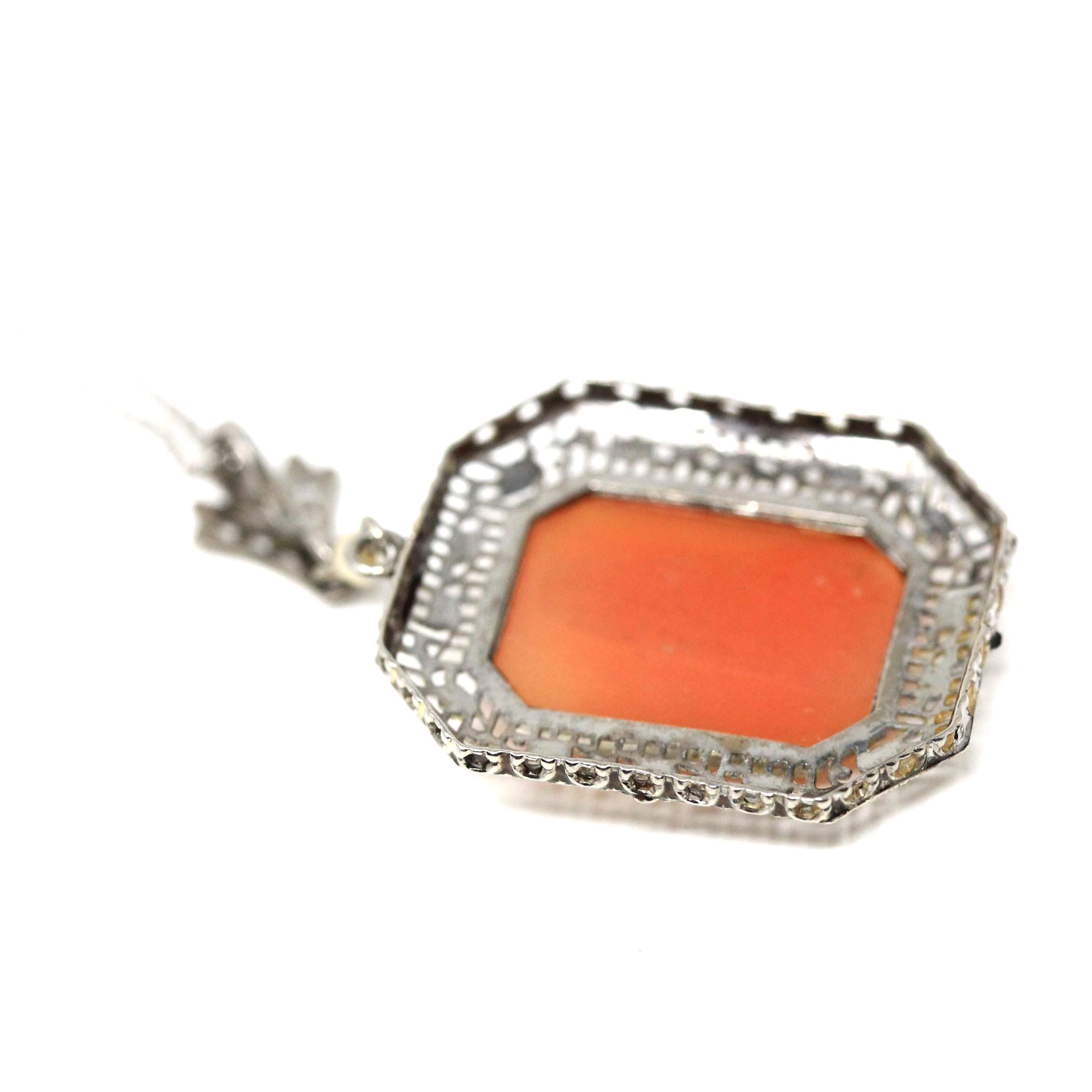 Vintage Cameo Necklace - Art Deco Era 10k White Gold Carved Shell Square Pendant Lavalier - Circa 1930s Filigree 14k Chain Fine 30s Jewelry