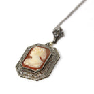 Vintage Cameo Necklace - Art Deco Era 10k White Gold Carved Shell Square Pendant Lavalier - Circa 1930s Filigree 14k Chain Fine 30s Jewelry