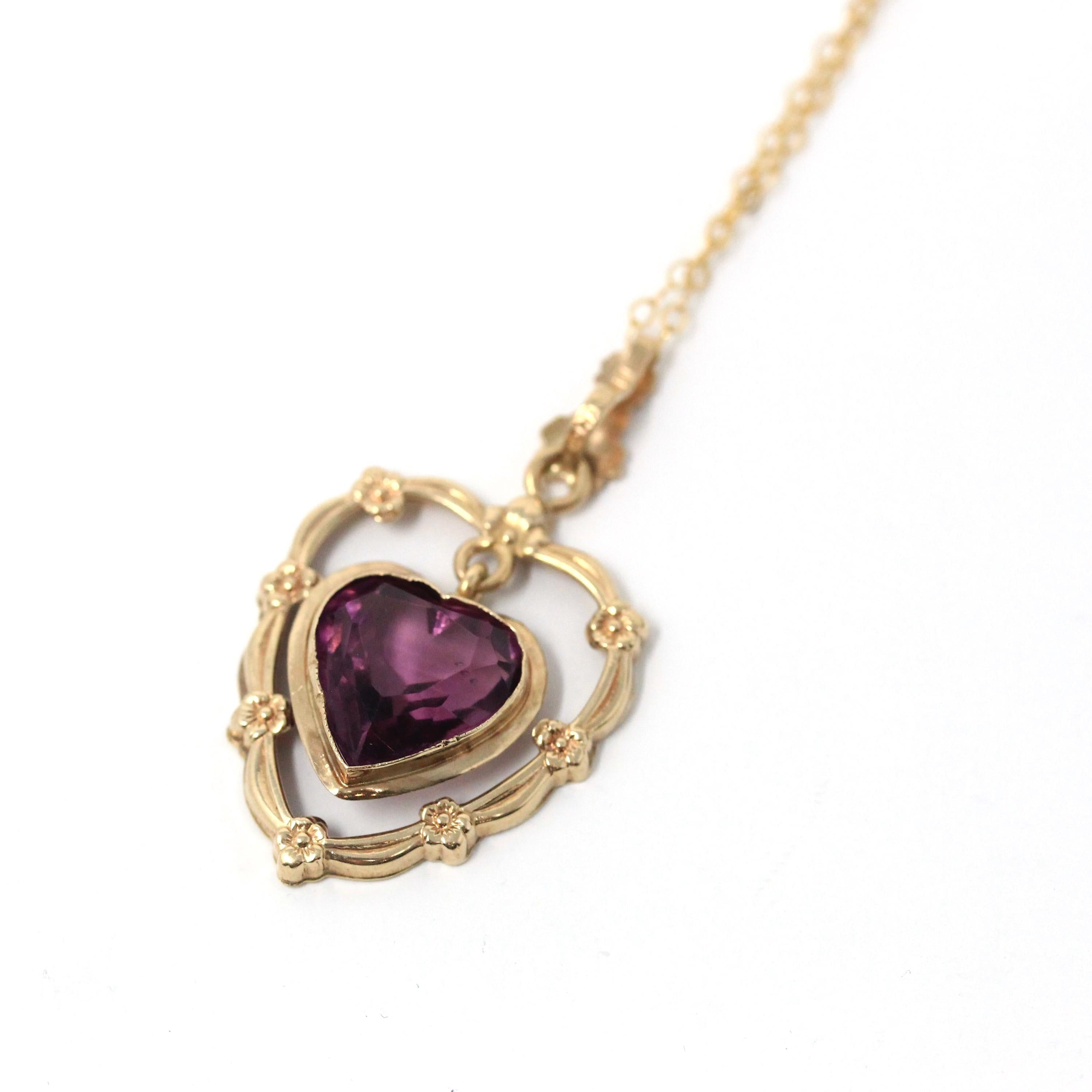 Vintage Heart Pendant - Mid Century 10k Yellow Gold Purple Glass Necklace - Circa 1940s Era Floral Garland Charm Statement Fine Jewelry