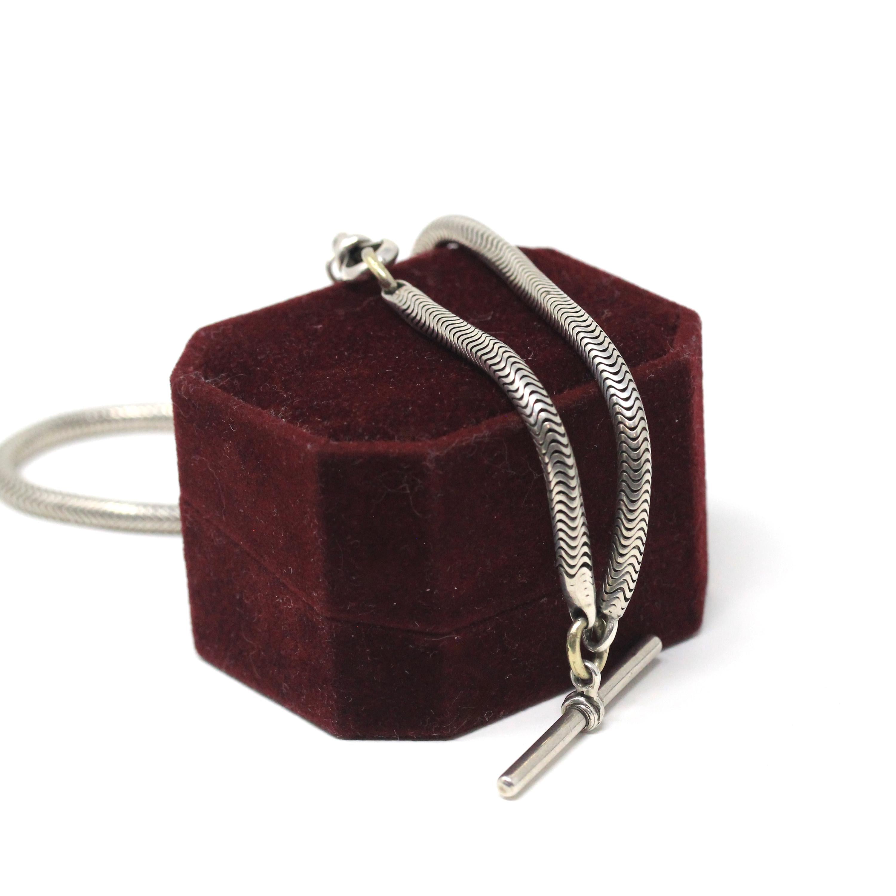 Antique Pocket Watch Chain - Sterling Silver Snake Chain T Bar Dog Clip Clasp - Victorian Circa 1890s Unisex Necklace Charm Holder Jewelry