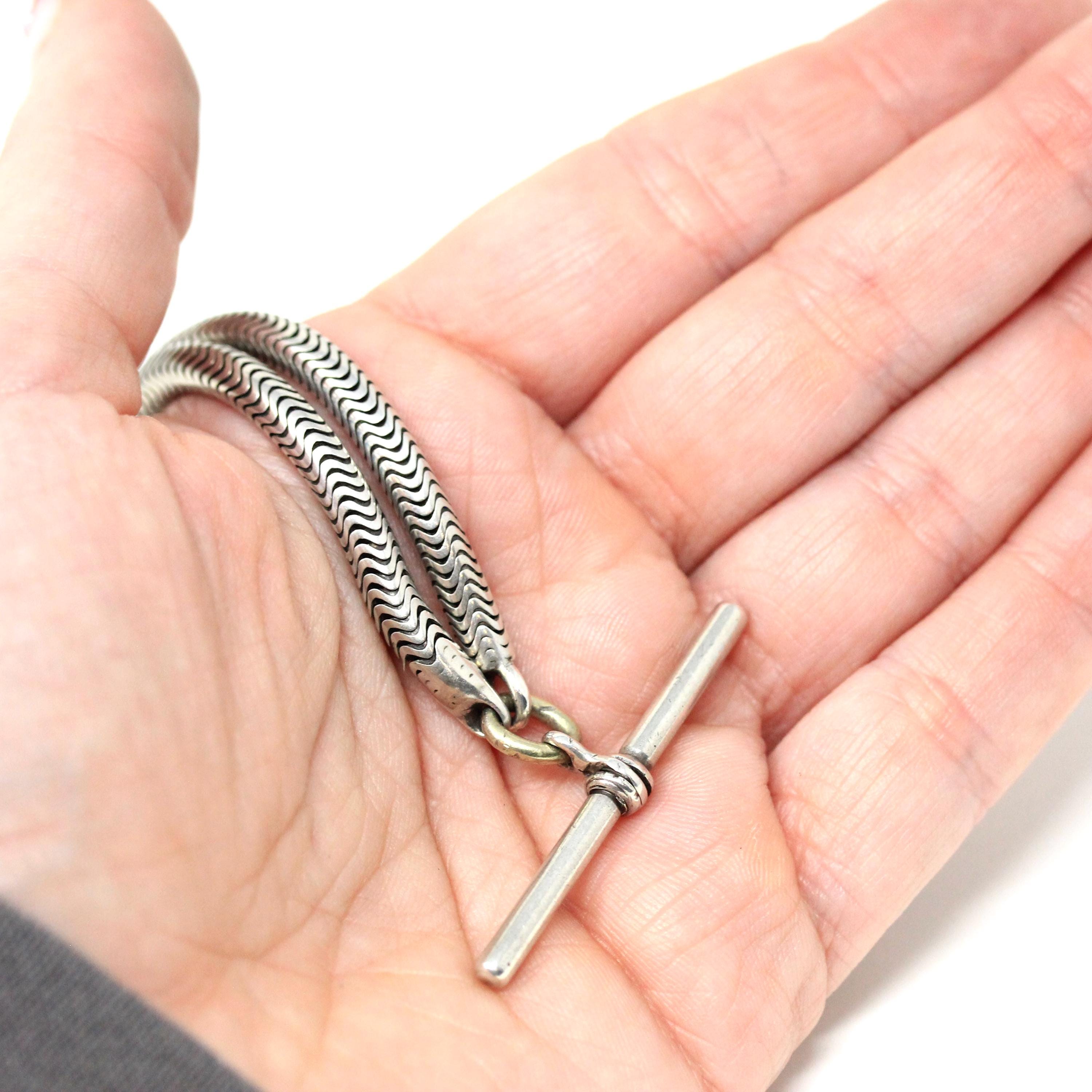Antique Pocket Watch Chain - Sterling Silver Snake Chain T Bar Dog Clip Clasp - Victorian Circa 1890s Unisex Necklace Charm Holder Jewelry