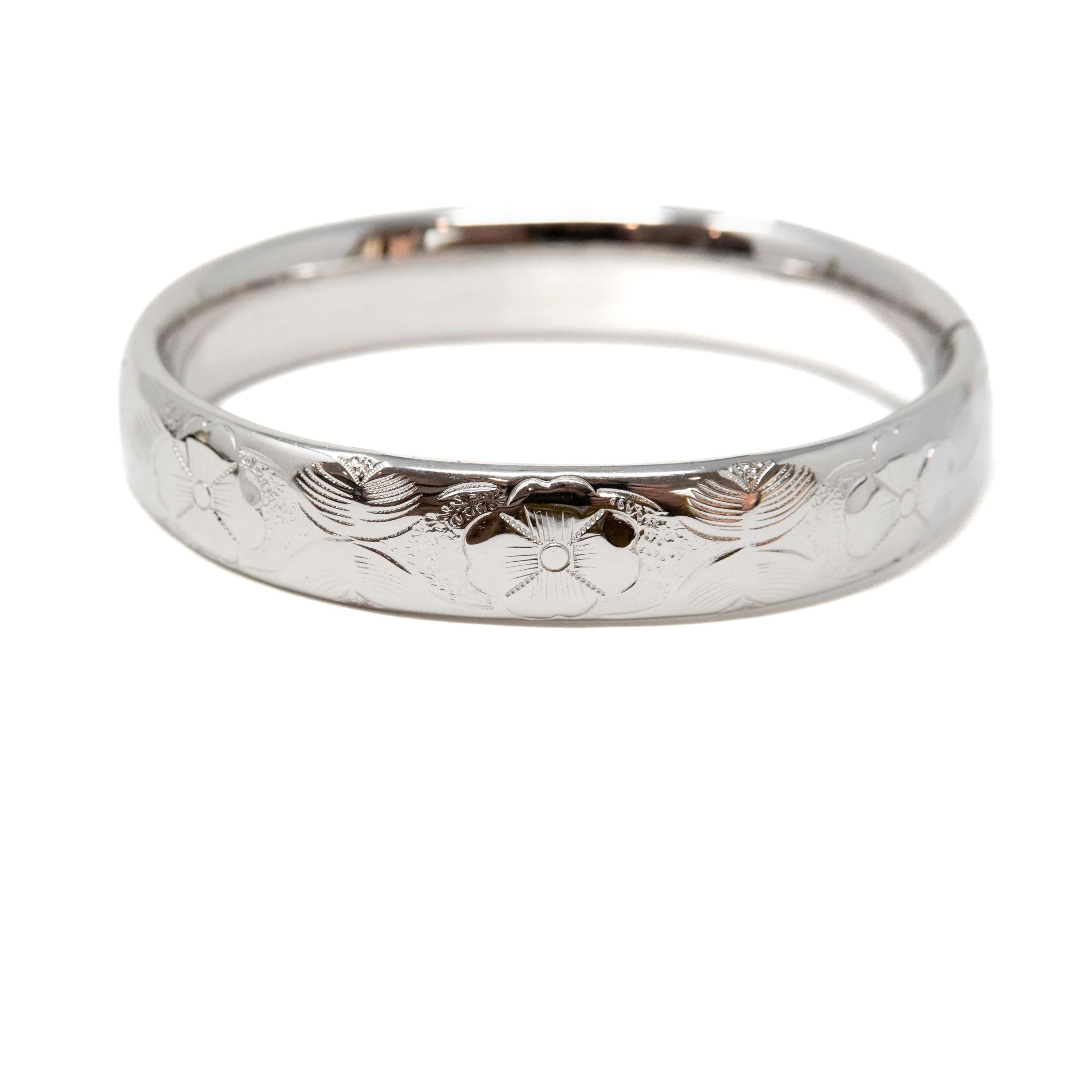 Vintage Flower Bangle - Retro Sterling Silver Hollow Floral Design 7 Inch Bracelet - Circa 1960s Era Fine Nature Inspired Fashion Jewelry