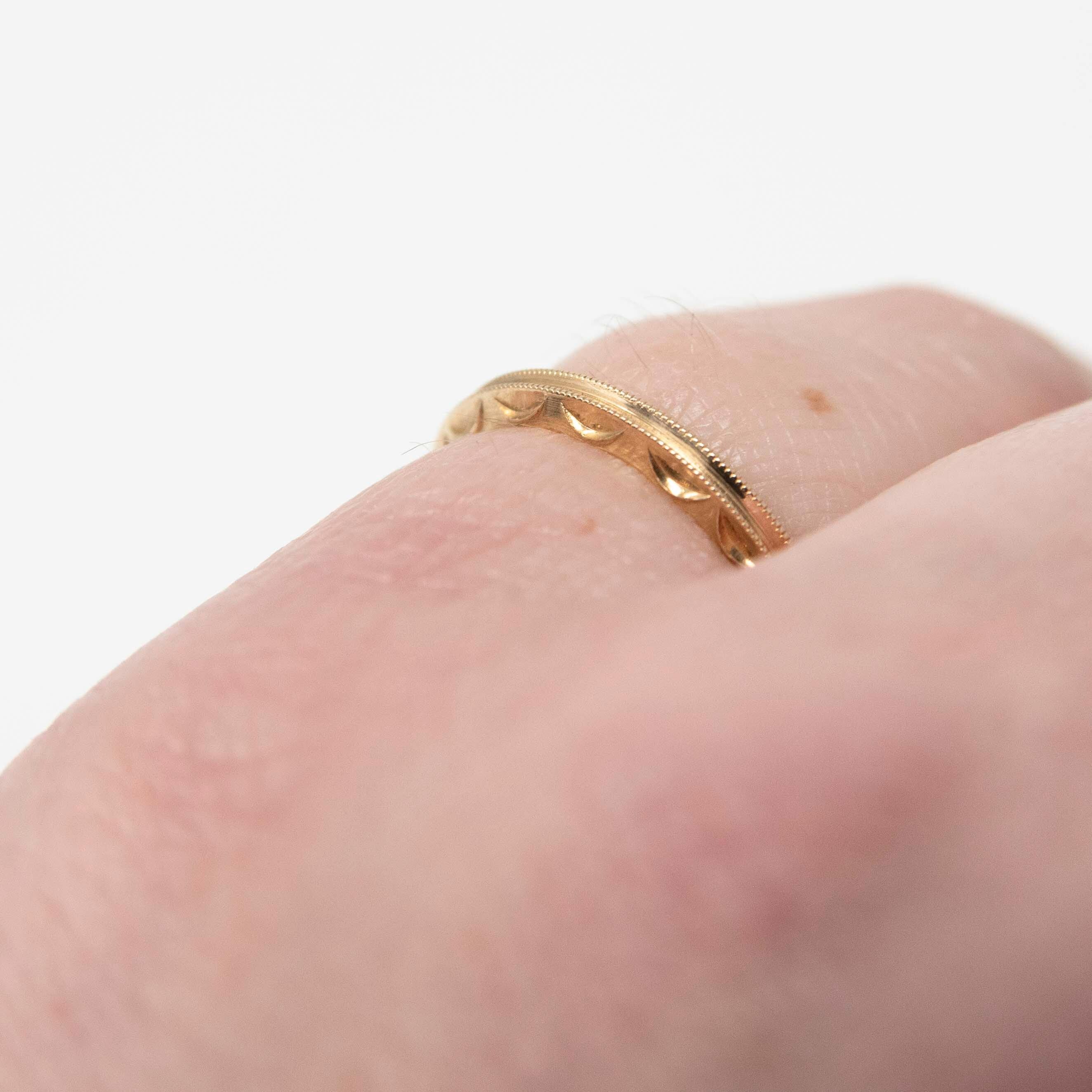 Vintage Wedding Band - Retro 14k Yellow Gold Milgrain Scalloped Textured Design - Circa 1940s Era Size 4 3/4 New Old Stock Eternity Jewelry