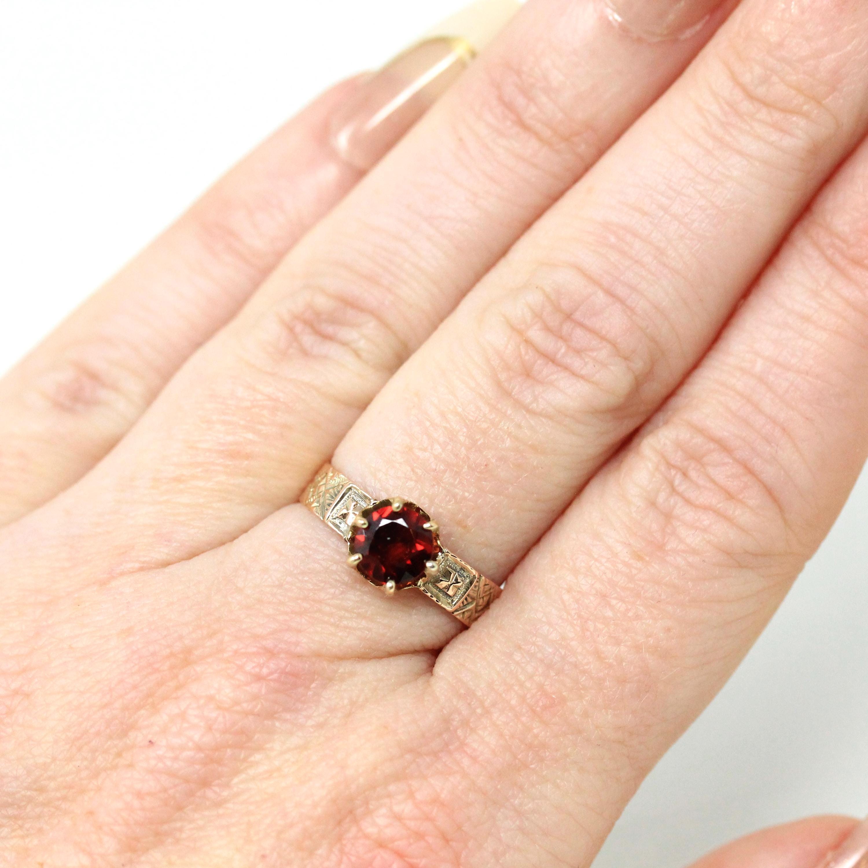 Victorian Garnet Ring - Antique 10k Rosy Yellow Gold Solitaire Gemstone - Circa 1890s Era Size 5.5 January Birthstone Engraved Fine Jewelry