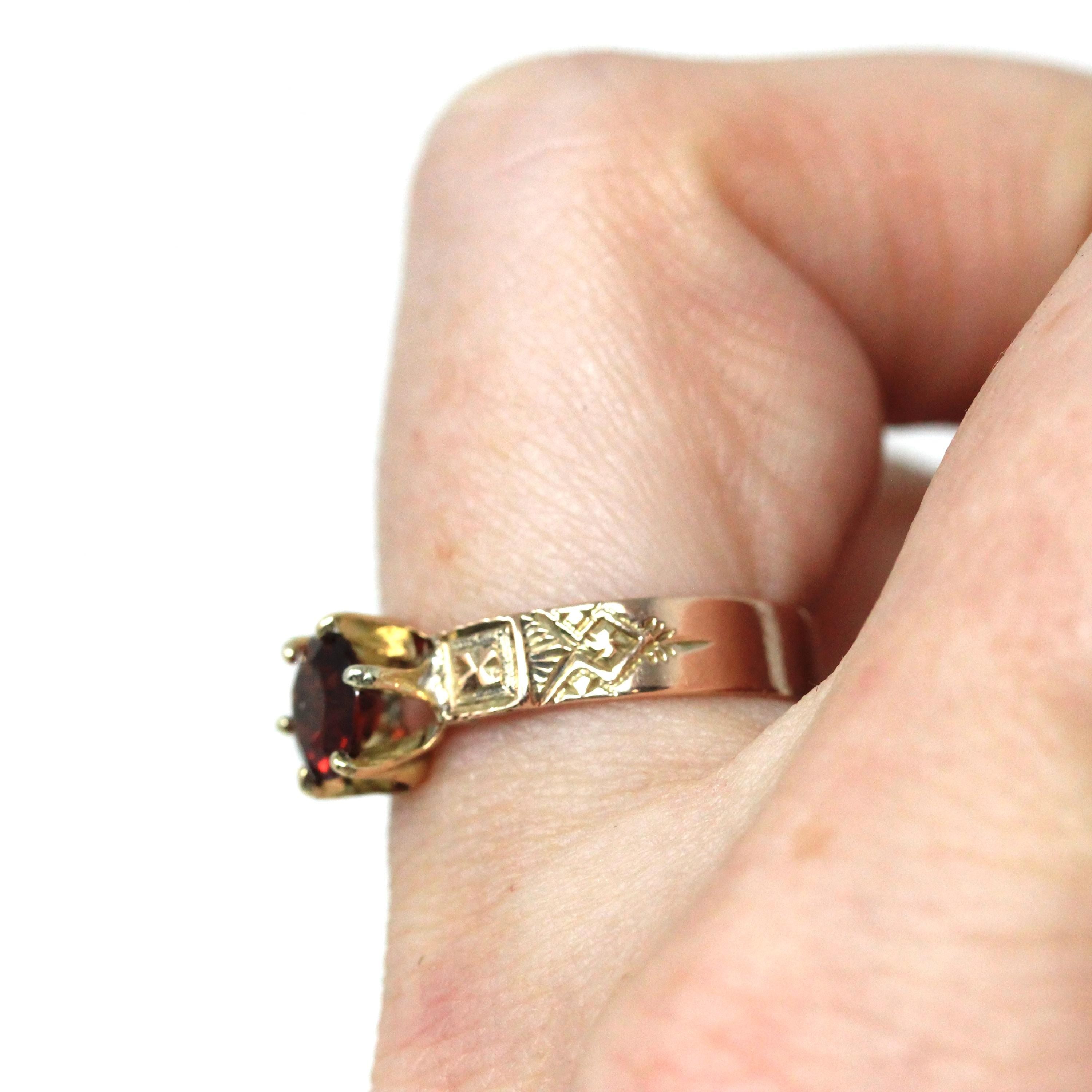 Victorian Garnet Ring - Antique 10k Rosy Yellow Gold Solitaire Gemstone - Circa 1890s Era Size 5.5 January Birthstone Engraved Fine Jewelry