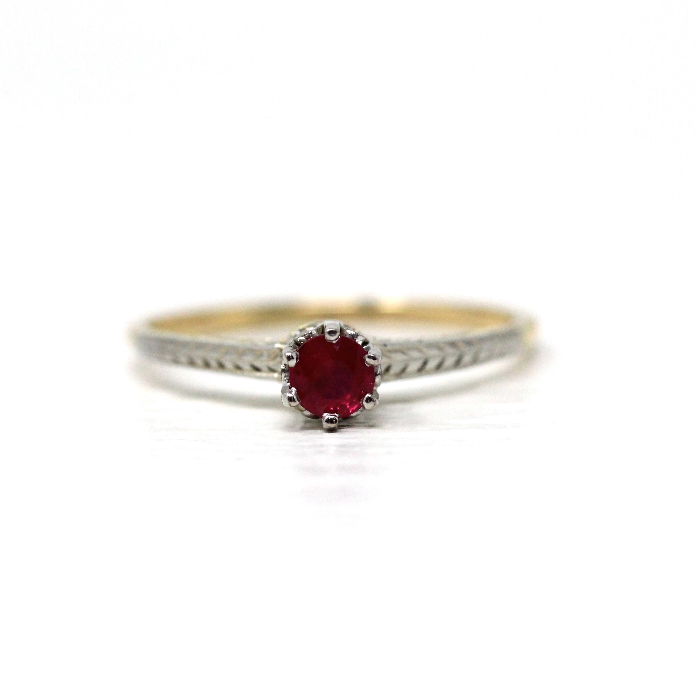 Art Deco Ruby Ring - Vintage 14k Yellow White Two Tone Gold Natural Red Gemstone Solitaire - Circa 1930s Size 5 Dainty Wheat Fine Jewelry