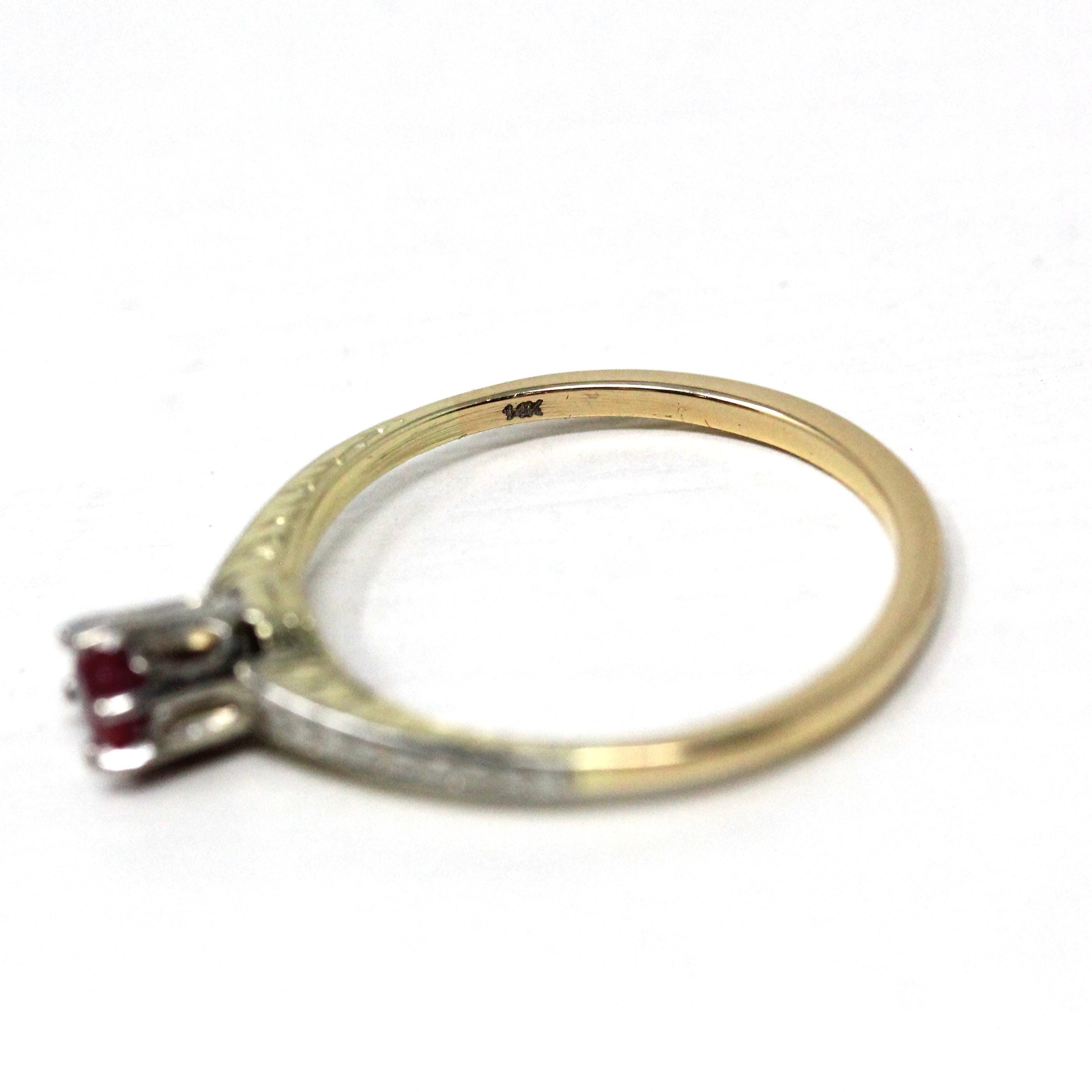 Art Deco Ruby Ring - Vintage 14k Yellow White Two Tone Gold Natural Red Gemstone Solitaire - Circa 1930s Size 5 Dainty Wheat Fine Jewelry