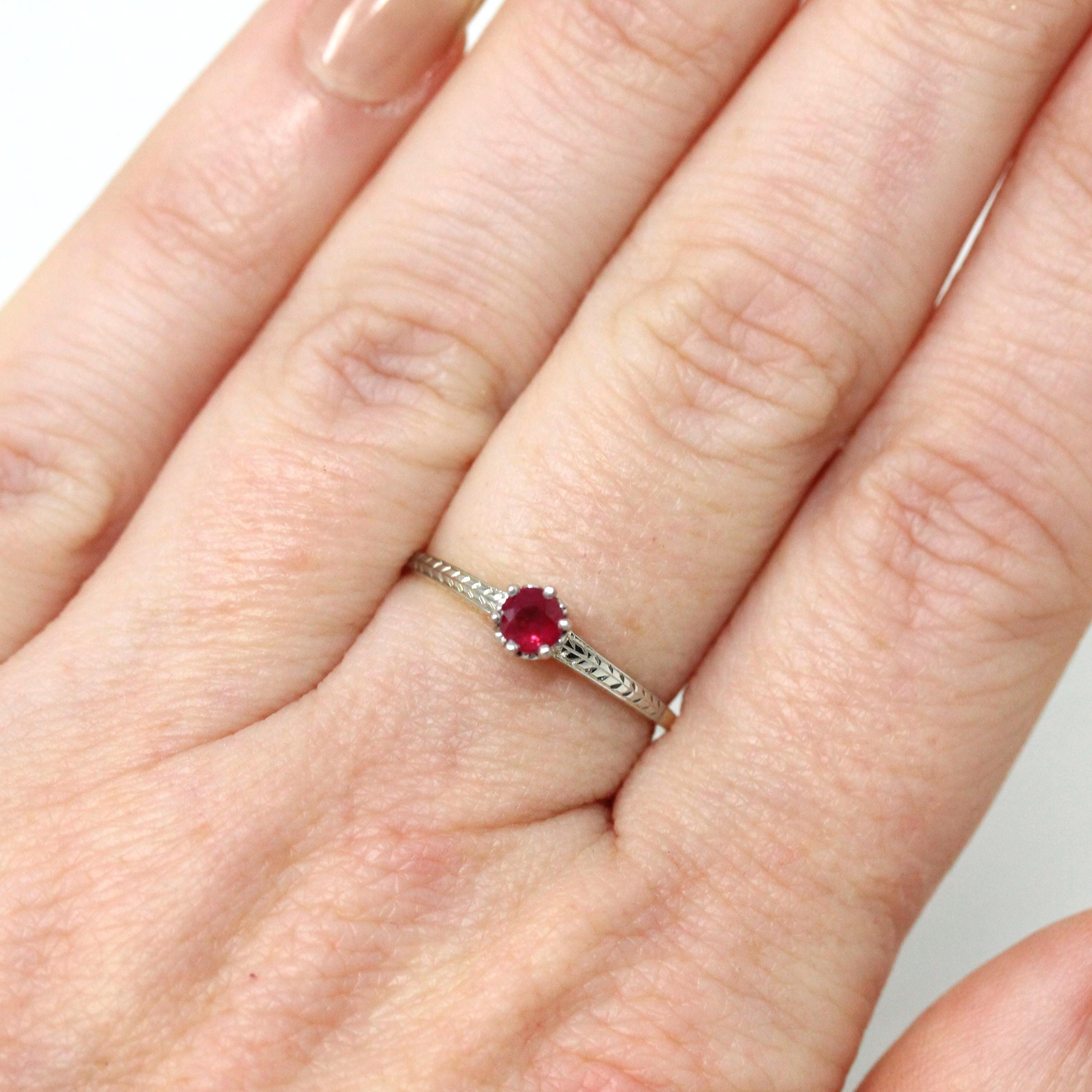 Art Deco Ruby Ring - Vintage 14k Yellow White Two Tone Gold Natural Red Gemstone Solitaire - Circa 1930s Size 5 Dainty Wheat Fine Jewelry