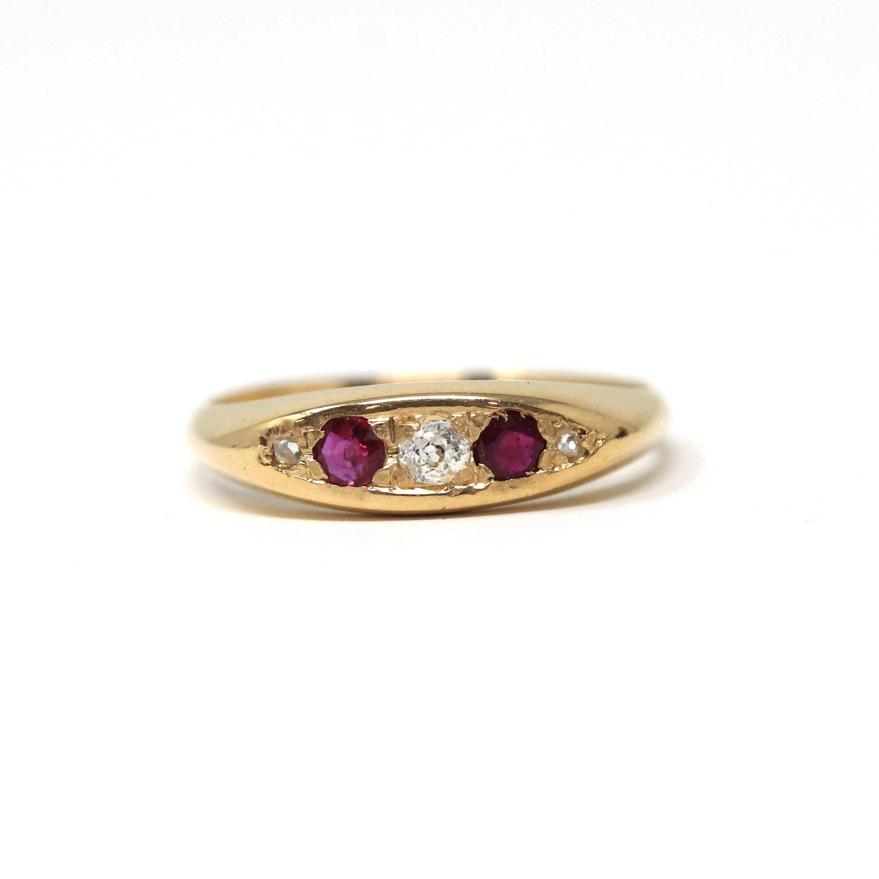Antique Ruby & Diamond Ring - Edwardian Era 18k Yellow Gold Natural Red White Gemstones Anniversary Band - Circa 1910s Size 6 Fine Jewelry