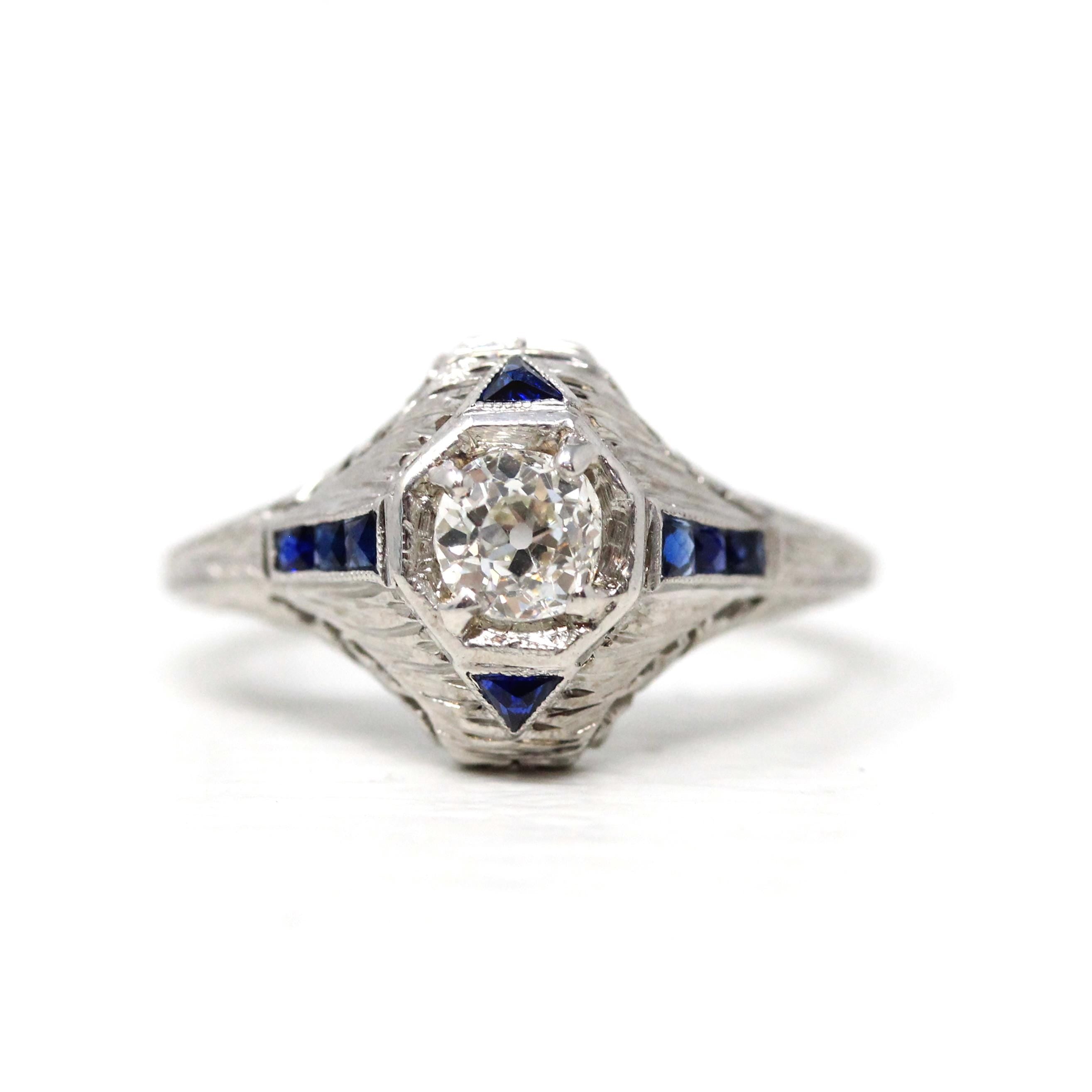 Antique Engagement Ring - Art Deco Era Platinum Filigree Natural Diamond Created Blue Sapphire -Circa 1920s Size 6 1/4 Fine Report Jewelry