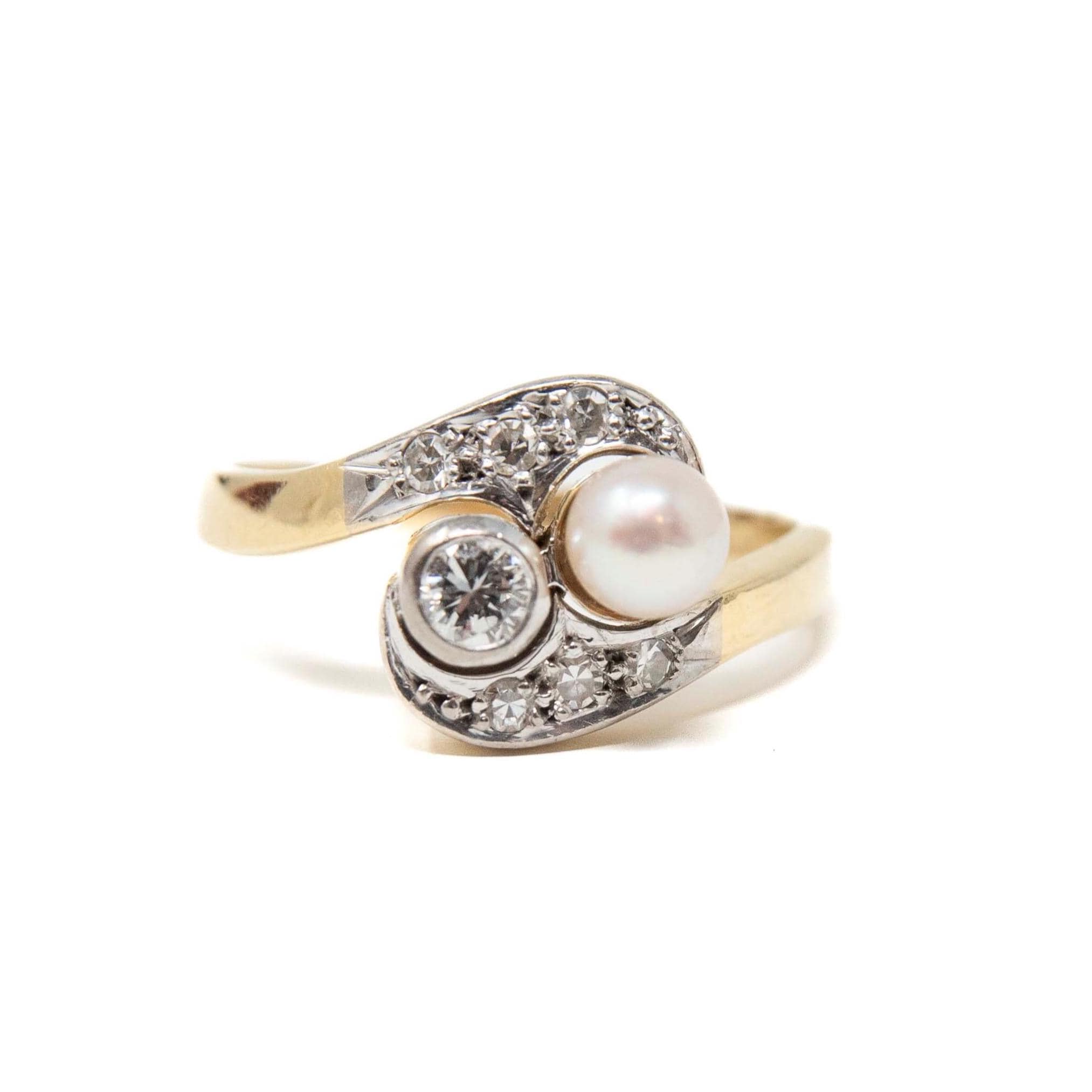 Pearl & Diamond Ring - Modern 14k Gold Platinum Two Tone Toi Et Moi Bypass - Estate Size 6 1/2 June April Birthstones Fine Statement Jewelry